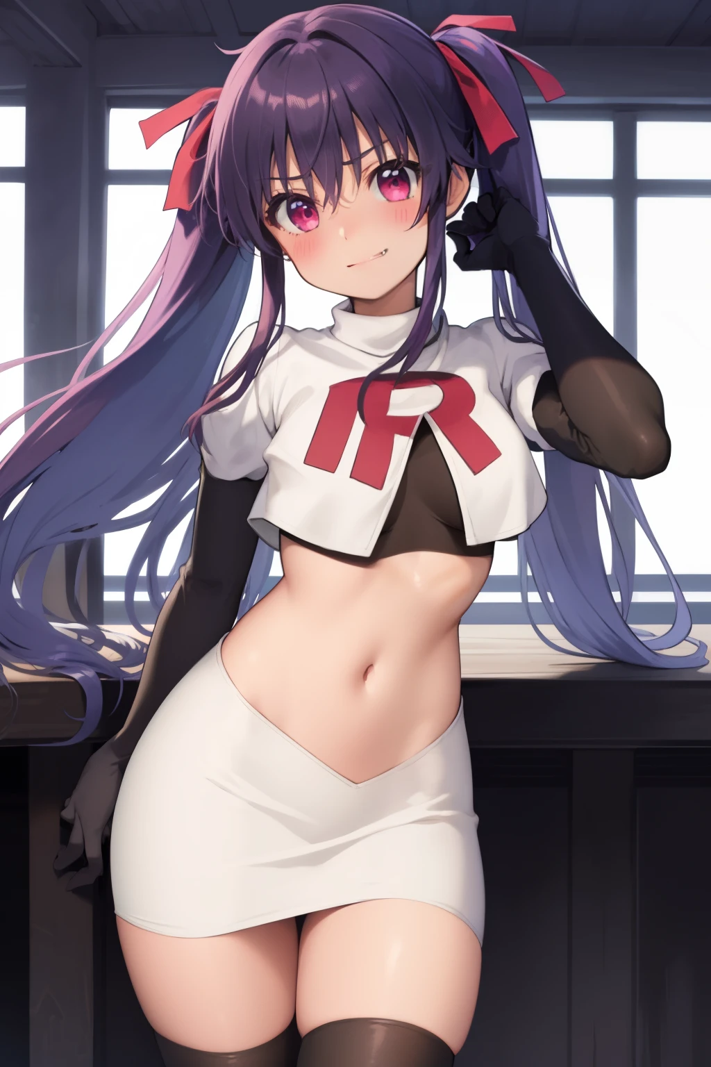 masterpiece, best quality, blush, 1girl, cowboy shot, solo, ebikurumi, long hair, twintails, open mouth, fang, purple eyes, purple hair, hair ribbon, smile, looking at viewer, depth of field, team rocket,team rocket uniform,white skirt,red letter R,crop top,black thigh-highs,black elbow gloves