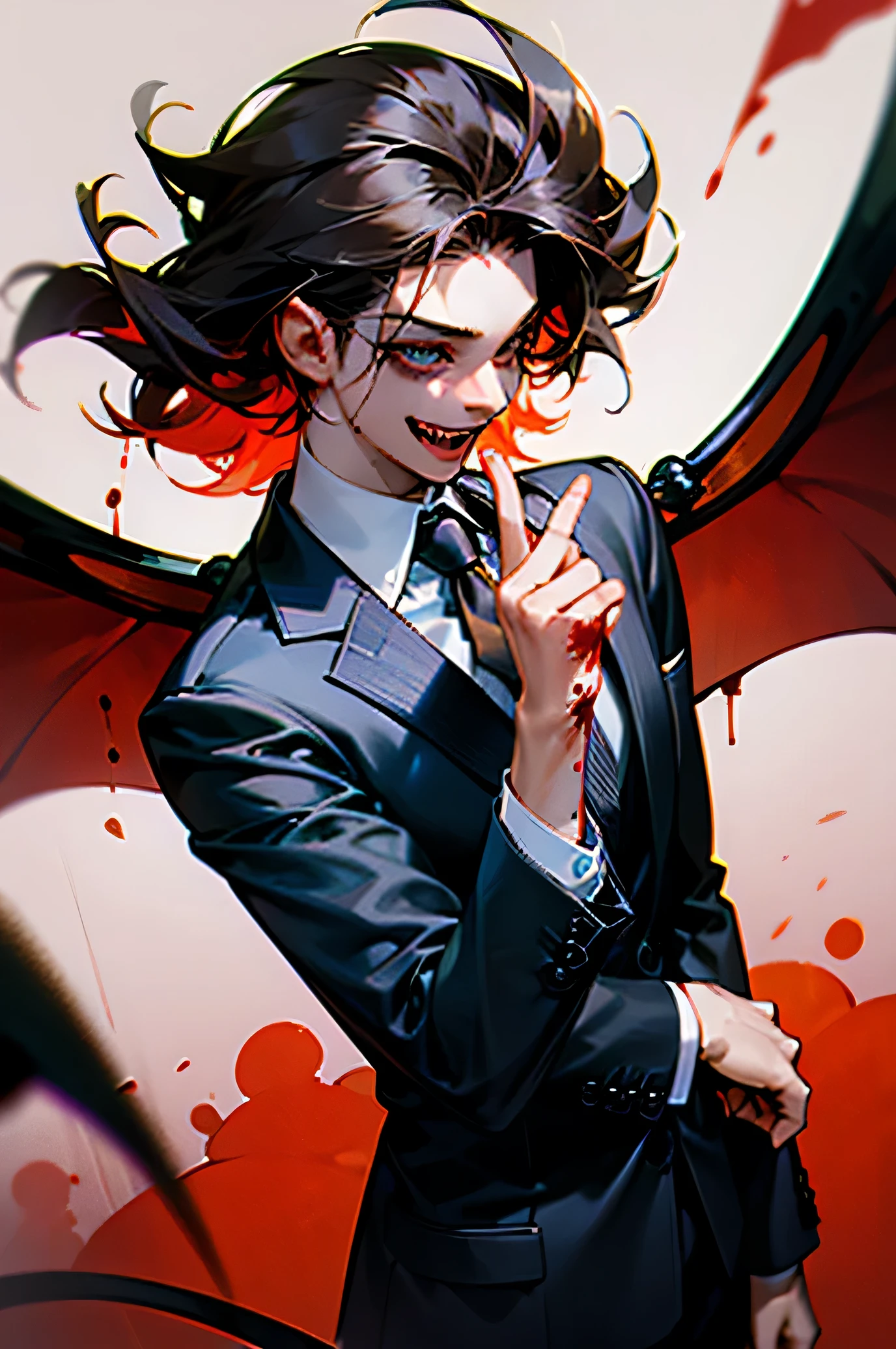 ((best quality)), ((masterpiece)), ((A man))Hair fluttering,delicate face,good eyes,lifelike,Half body photo,demon,crazy eyes, Grinning, anatomically correct, masterpiece,,dark,suit,Hair fluttering,Laugh wildly,dark背景,demon,Bloody,Blood,dark environment,look down·,