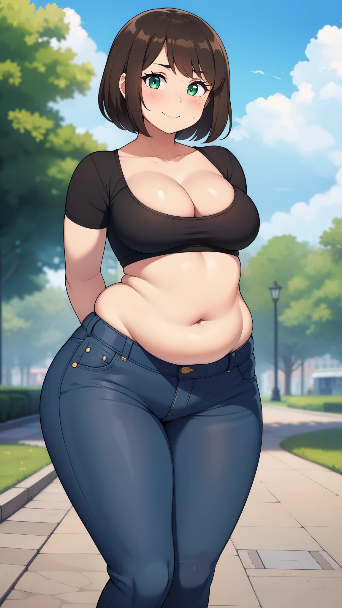 ((highres)), Masterpiece, high quality, best quality, beautiful, perfect lighting, detailed face, ultra cute face, ((1girl)), ((solo), short brown hair, fluffy hair, green eyes, blush, affectionate smile, teasing, arms behind back, looking at viewer, white crop top, jeans, standing in a park, daytime, cloudy, medium breasts, cleavage, wide hips, thick thighs, chubby