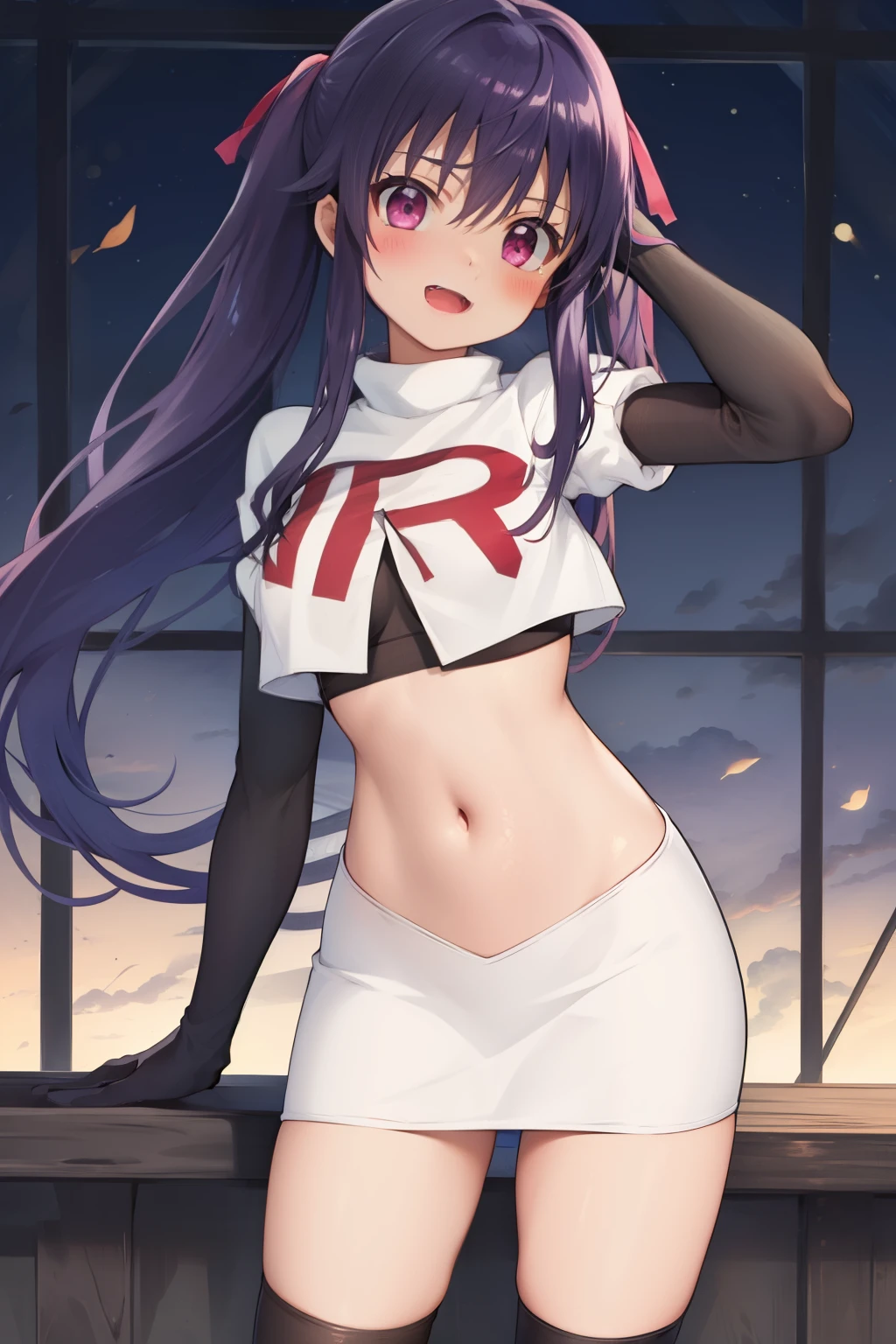 masterpiece, best quality, blush, 1girl, cowboy shot, solo, ebikurumi, long hair, twintails, open mouth, fang, purple eyes, purple hair, hair ribbon, smile, looking at viewer, depth of field, team rocket,team rocket uniform,white skirt,red letter R,crop top,black thigh-highs,black elbow gloves