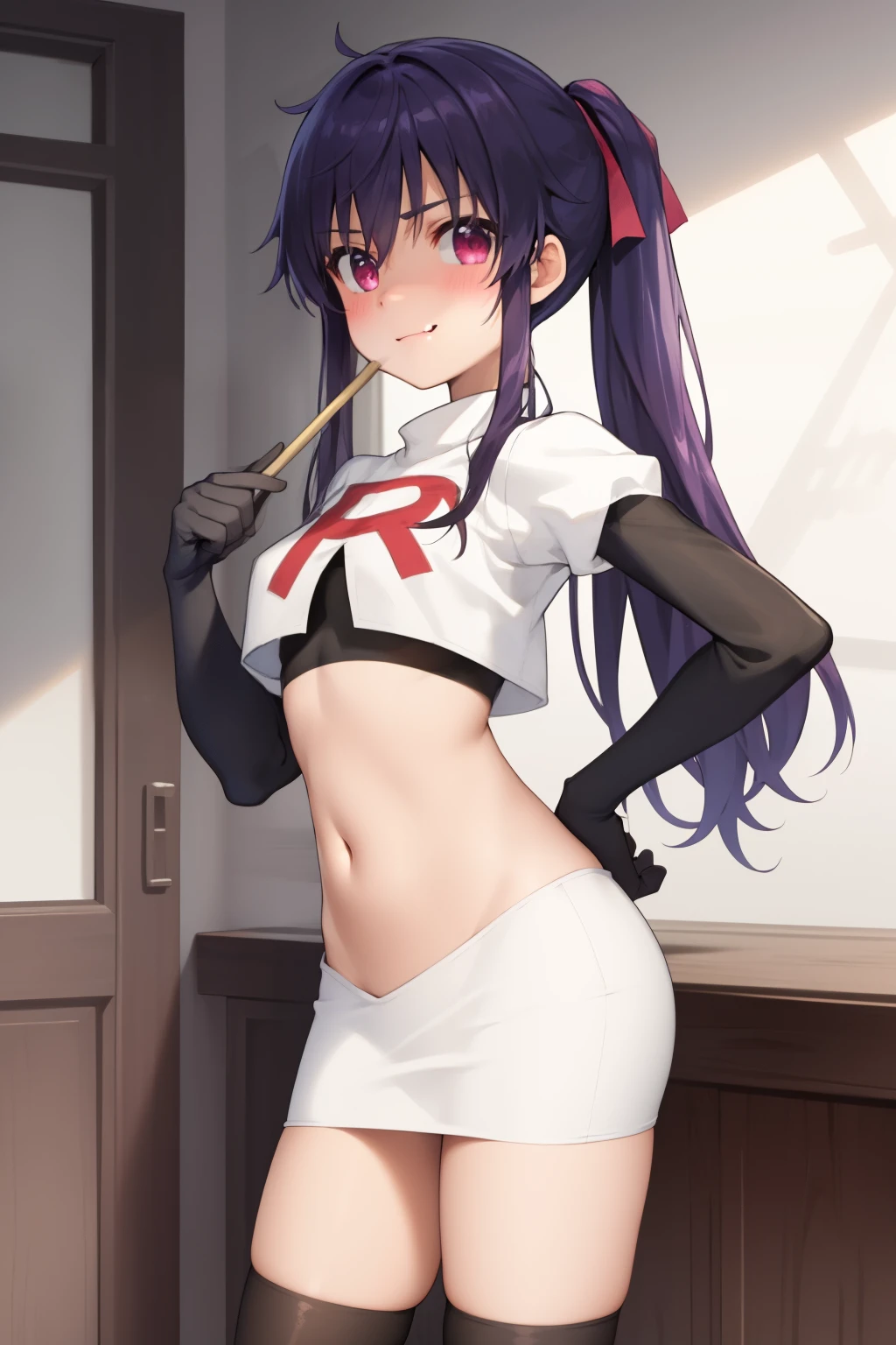 masterpiece, best quality, blush, 1girl, cowboy shot, solo, ebikurumi, long hair, twintails, open mouth, fang, purple eyes, purple hair, hair ribbon, smile, looking at viewer, depth of field, team rocket,team rocket uniform,white skirt,red letter R,crop top,black thigh-highs,black elbow gloves