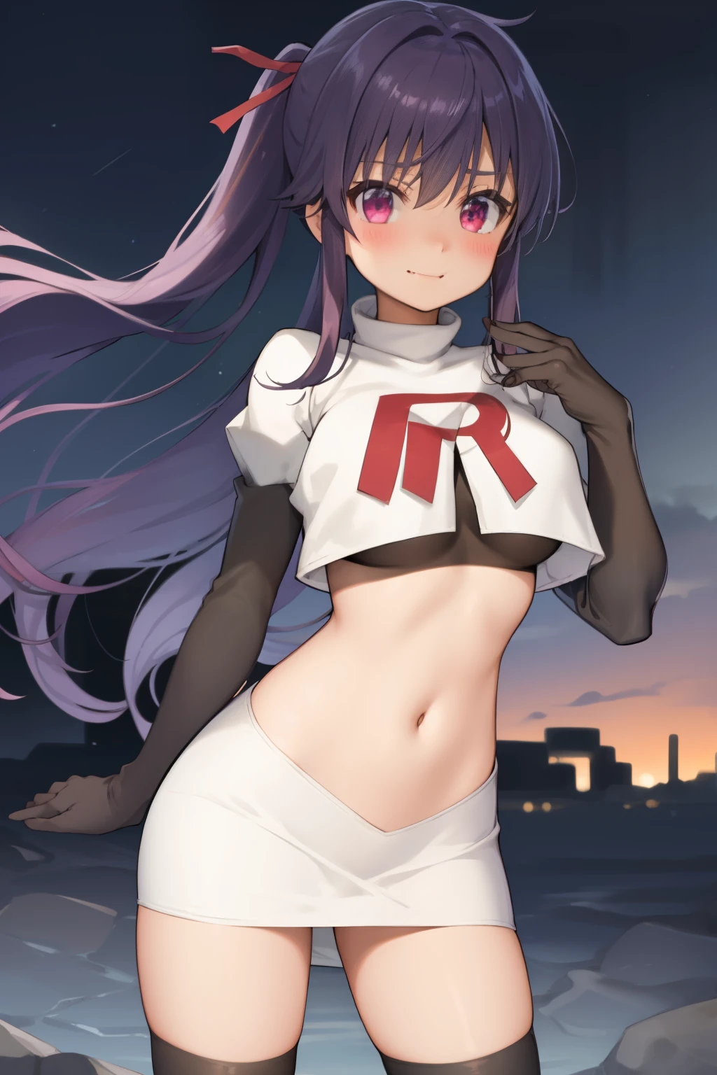 masterpiece, best quality, blush, 1girl, cowboy shot, solo, ebikurumi, long hair, twintails, open mouth, fang, purple eyes, purple hair, hair ribbon, smile, looking at viewer, depth of field, team rocket,team rocket uniform,white skirt,red letter R,crop top,black thigh-highs,black elbow gloves