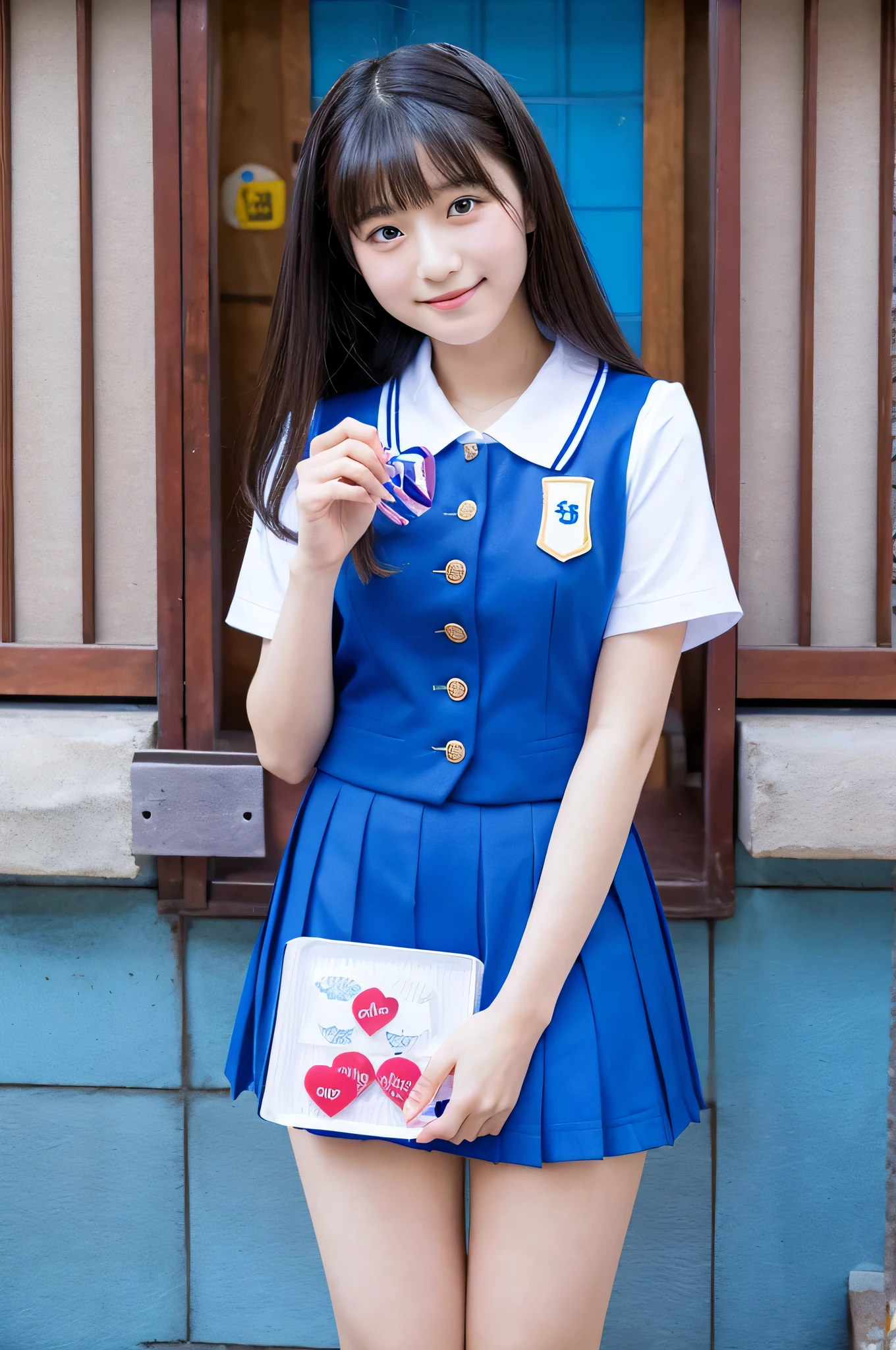 cute japanese girl (18-year-old) Wearing a blue miniskirt high school uniform、holding valentine chocolate in hand。