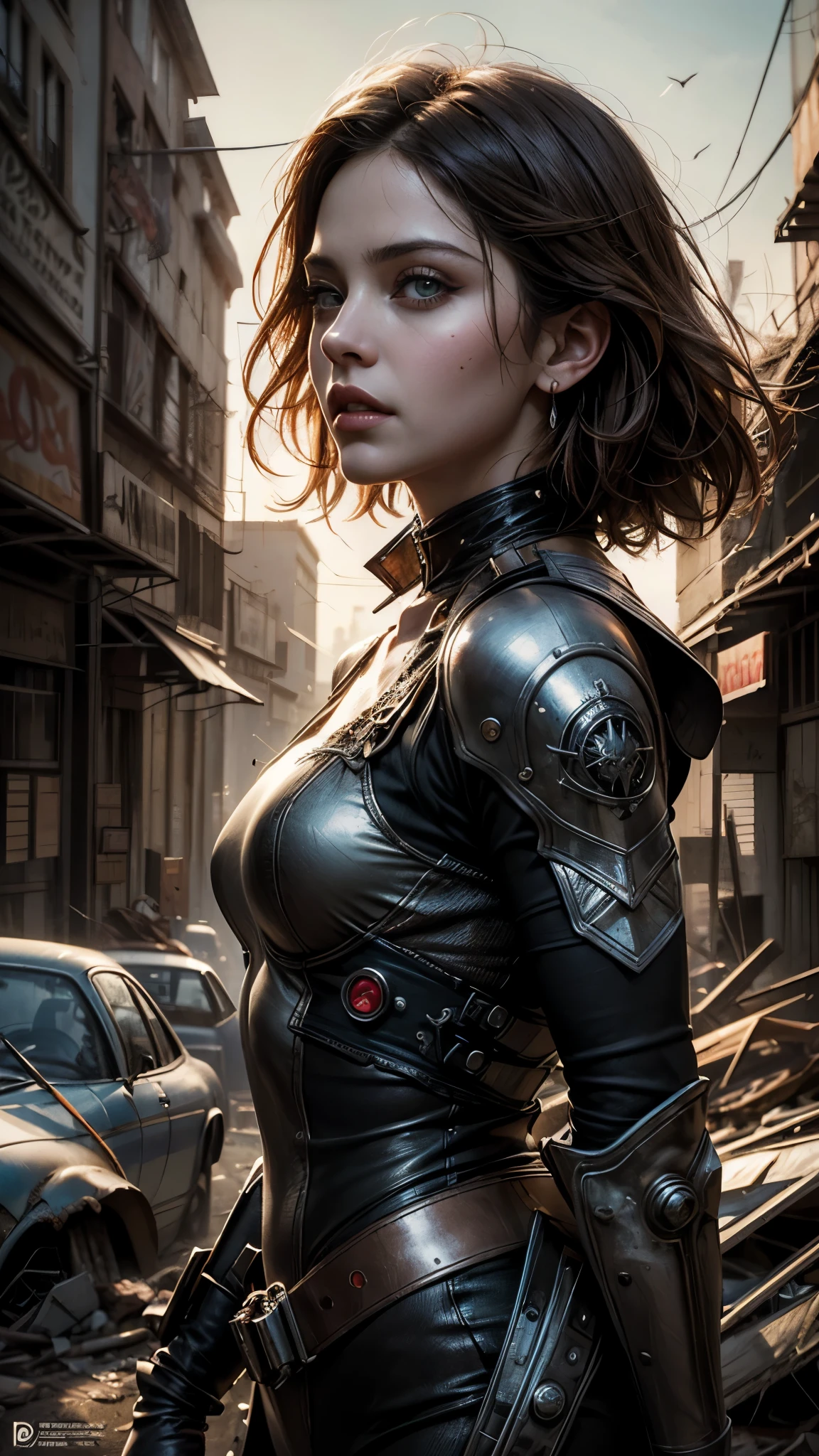 post-apocalyptic art, Madonna, 25 years old, as a beautiful madmax woman in a cybernetic suit, very short light brown hair, green eyes, detailed skin texture, detailed cloth texture, beautiful detailed perfect face, she is in a desert city amid wrecked cars and ruined buildings, intricate sharp details, ultra high resolution, professional ominous concept art by artgerm and greg rutkowski, an intricate, elegant and highly detailed digital painting, conceptual art, soft and sharp focus, illustration, in the style of Simon Stalenhag, Wayne Barlowe and Igor Kieryluk.