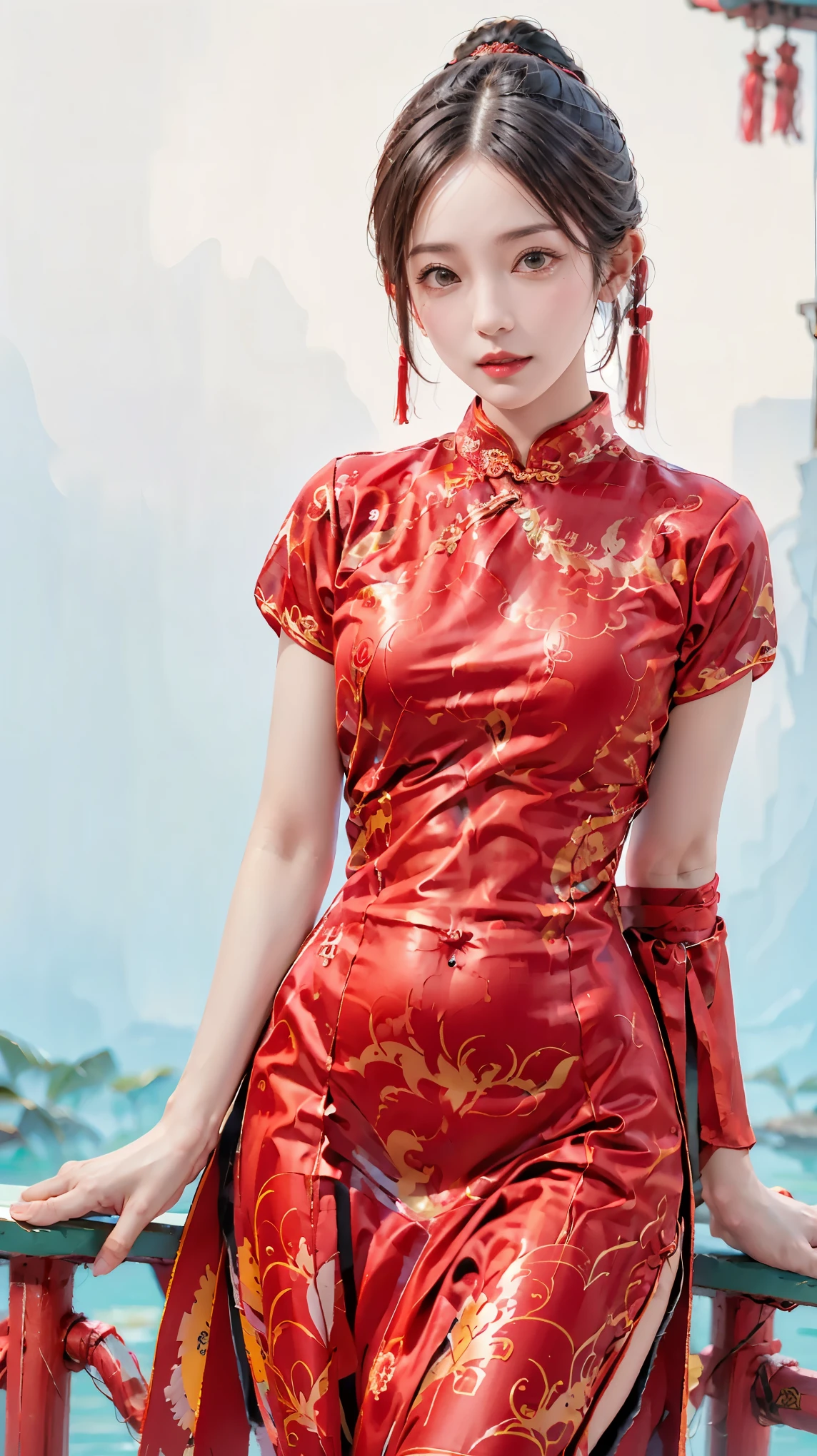 8k, best quality, (photorealistic:1.4), raw photo, 1girl, blue hair, dragon horn, china new year cheongsam,new year background 