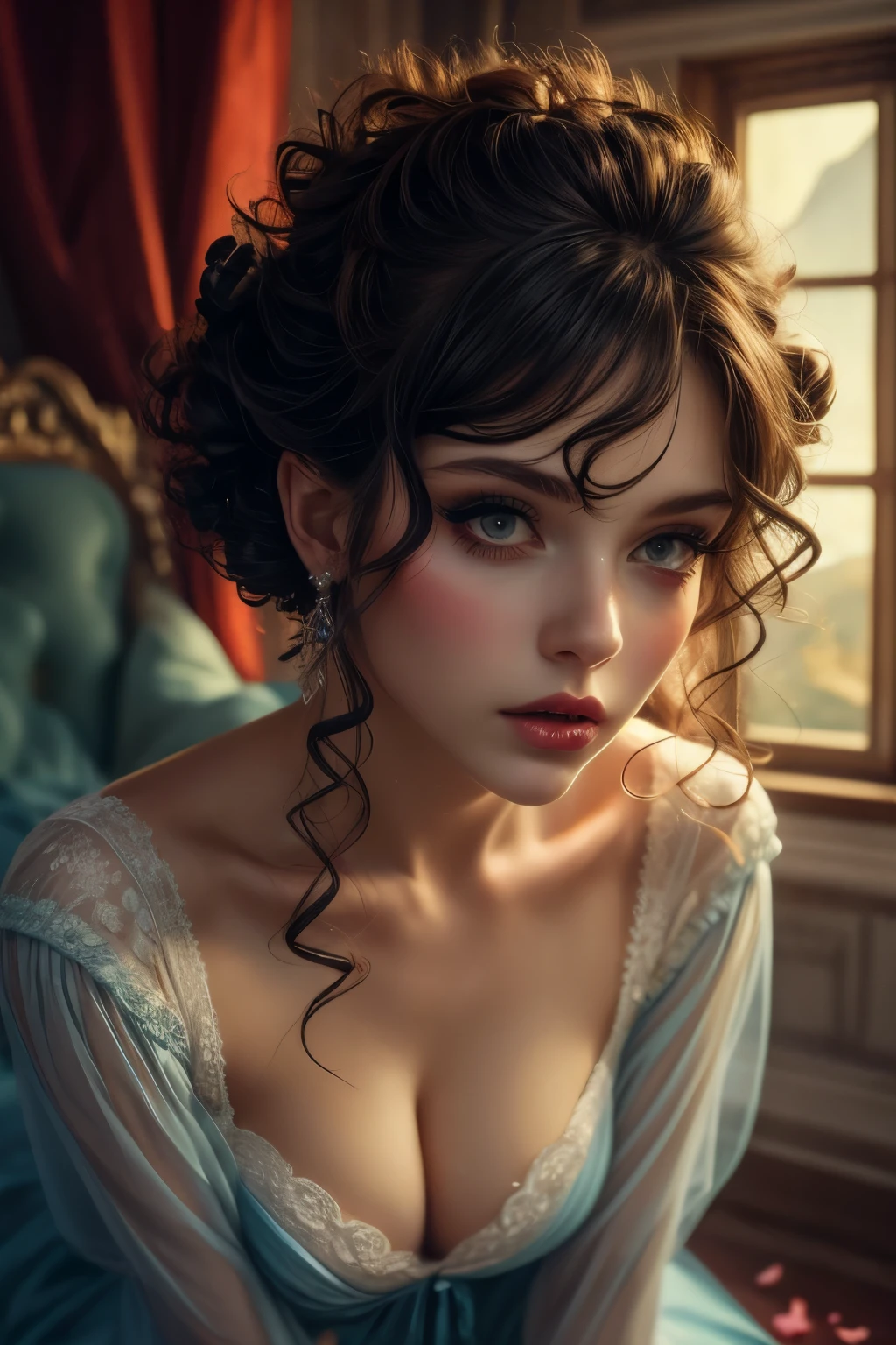 Female on her knees, ethereal fantasy concept art of 1girl, solo, photogenic adult woman maiden, h34rt, heart eyeliner, eyeshadow, makeup, iridescent lips, boudoir, 

lace see through robe, plunging neckline, (curly bangs with long wild wavy hair), [butterfly clips] hair, dark hair, cleavage, high quality, best quality, high detail, 

highres, from below,rim lighting, falling petals, magnificent, celestial, ethereal, painterly, epic, majestic, magical, fantasy art, cover art, dreamy