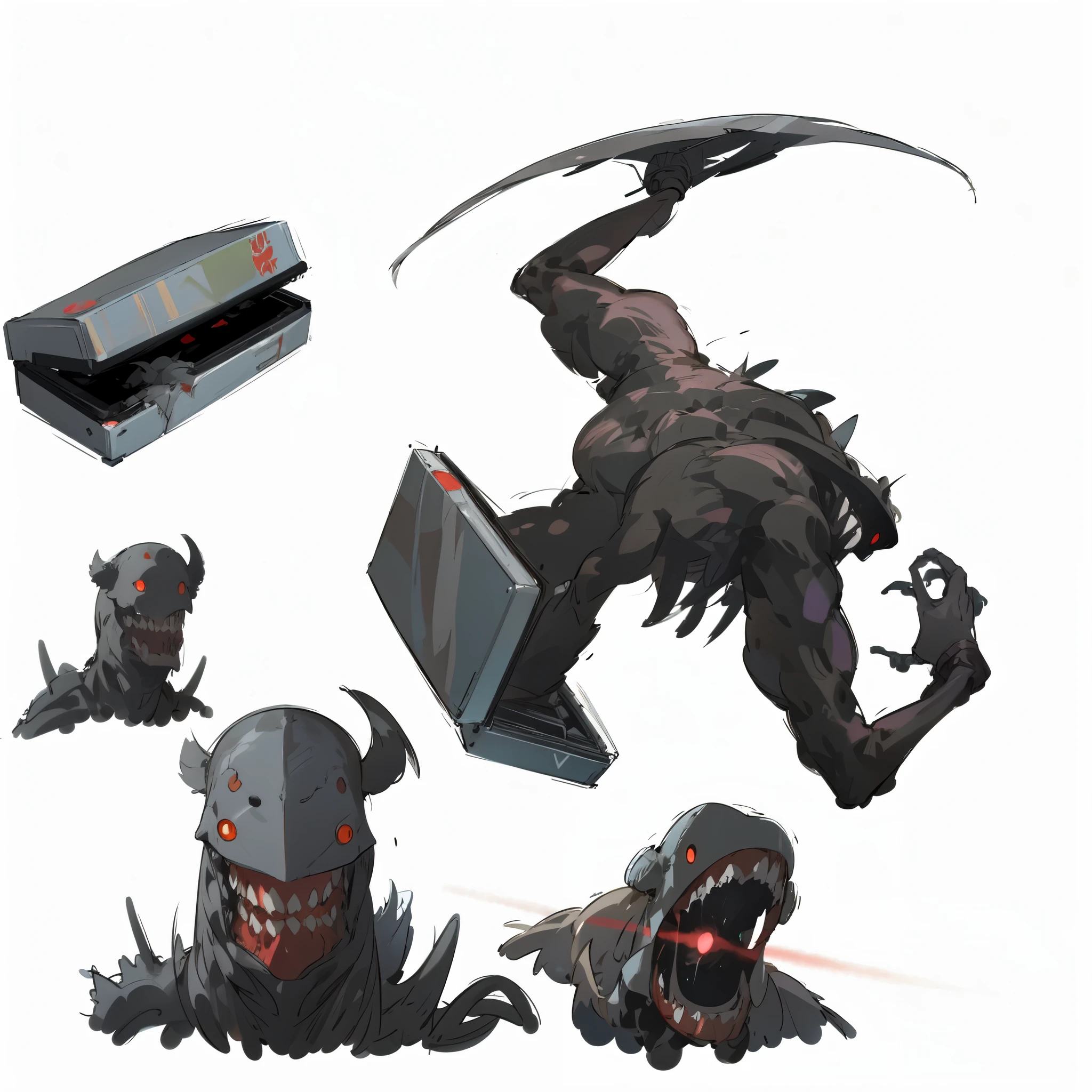 [ anime monster inspired by tsutomu nihei ], [ anime monster coming out of a case ], [ anime monster in several positions ], (((monster character sheet))), ((red eyes)), ((monster coming out of a sci-fi suitcase)), (nemesis from resident evil), dark monster, character design, gravity rush inspired, kantai collection style, inspired by Akihiko Yoshida, gravity rush, from girls frontline, girls frontline style, edelgard from fire emblem, blonde anime girl with long hair, botw style, cyborg merchant girl, akihiko yoshida!, no more heroes concept art, in suitcase