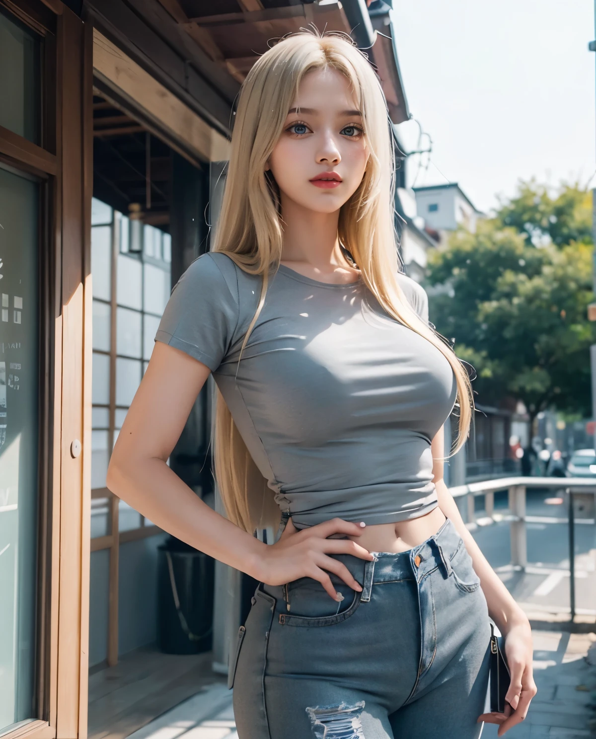 1girl, Blue eyes, (smile), (Sana Minatozaki), (tight gray t-shirt :1.3), (rip jeans :1.3), (wide hips), Big , (big ass), (Best Quality, 8k, Masterpiece: 1.3), perfect hands, Clear Focus: 1.2, Perfect Body Beauty: 1.4, Highly detailed face and skin texture, detailed eyes, double eyelids, red lips, (blonde long straight hair :1.3), (standing), (dynamic pose), in a japanese town