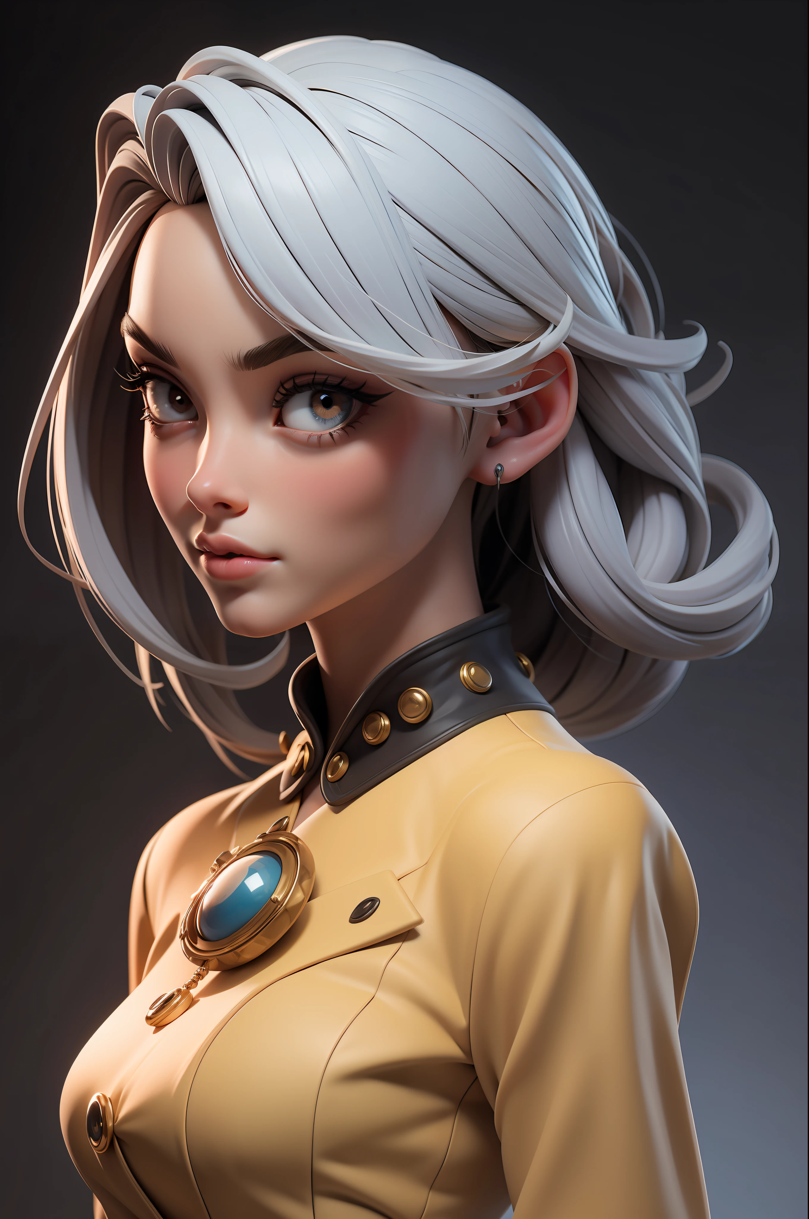 obra-prima, melhor qualidade, trabalho de rending 3d, estilo 3DMM, close-up, retrato, 3D, 1girl, solo, cabelo branco, cabelo longo, colar, sardas, joias, olhando para o lado, realista, parte superior do corpo, fundo simples, franja, olhando para longe, lips parted, olhos Azuis , lips, , gargantilha, maquiagem, vestido, super realista, steampunk girl