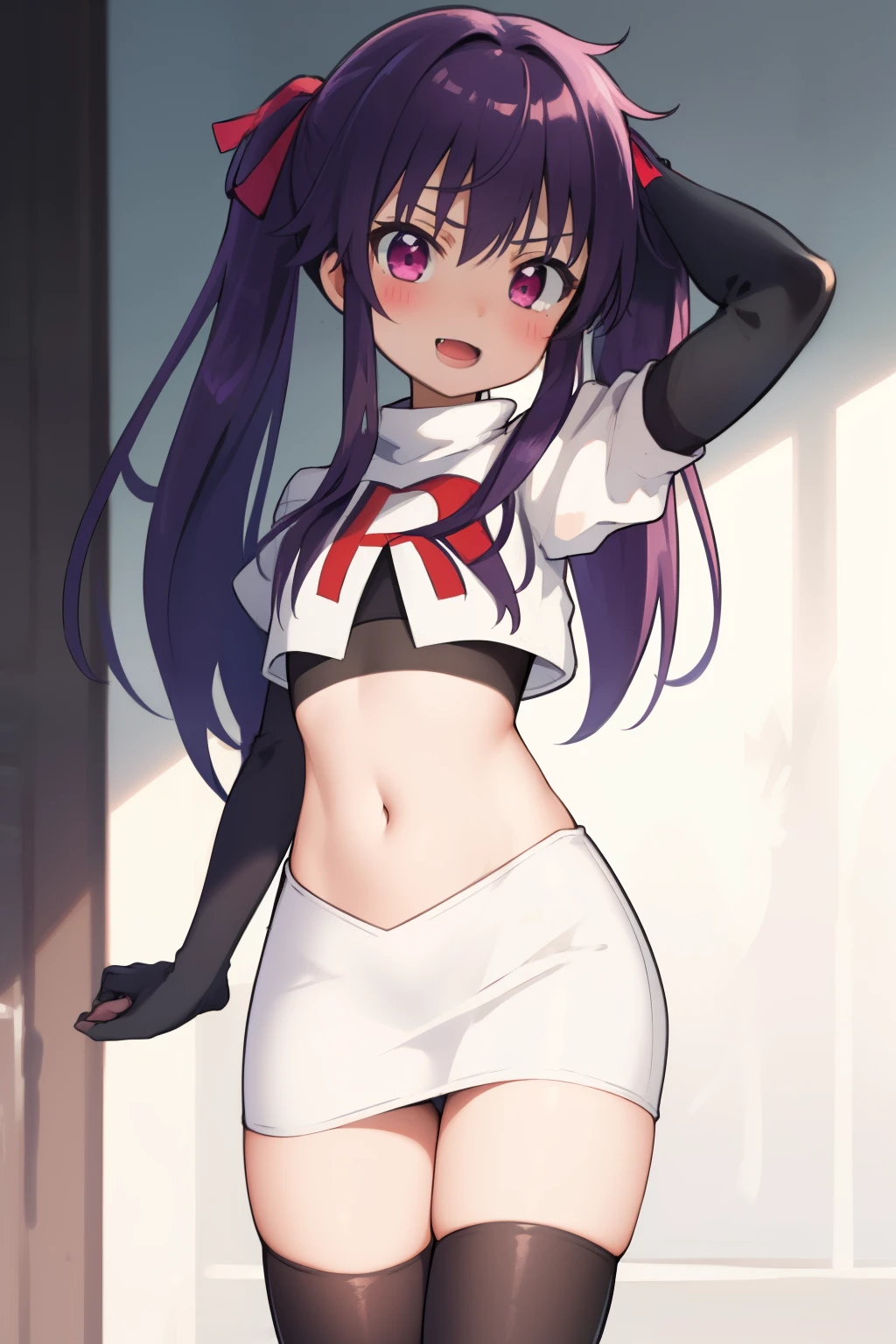 masterpiece, best quality, blush, 1girl, cowboy shot, solo, ebikurumi, long hair, twintails, open mouth, fang, purple eyes, purple hair, hair ribbon, smile, looking at viewer, depth of field, team rocket,team rocket uniform,white skirt,red letter R,crop top,black thigh-highs,black elbow gloves