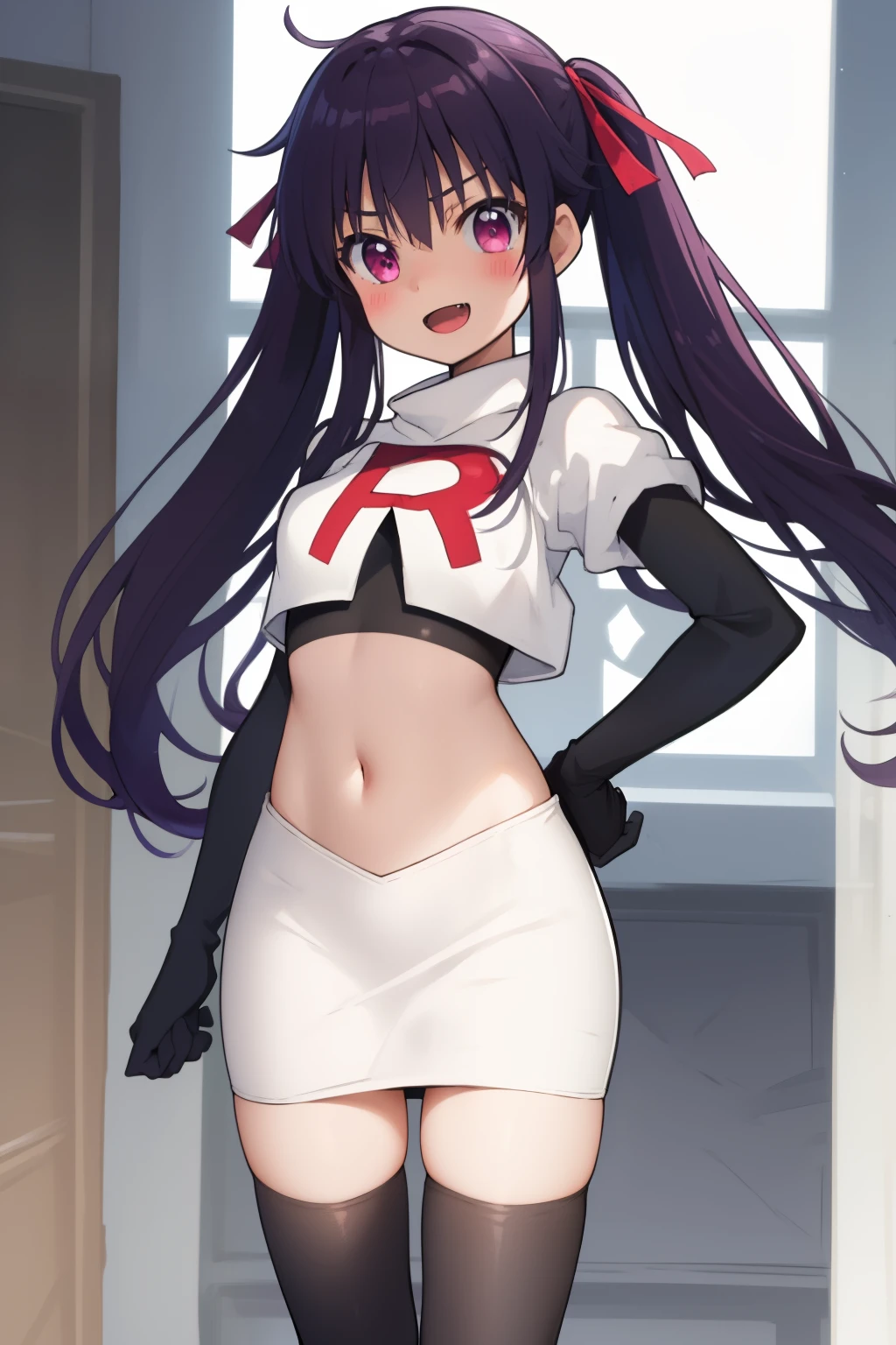 masterpiece, best quality, blush, 1girl, cowboy shot, solo, ebikurumi, long hair, twintails, open mouth, fang, purple eyes, purple hair, hair ribbon, smile, looking at viewer, depth of field, team rocket,team rocket uniform,white skirt,red letter R,crop top,black thigh-highs,black elbow gloves