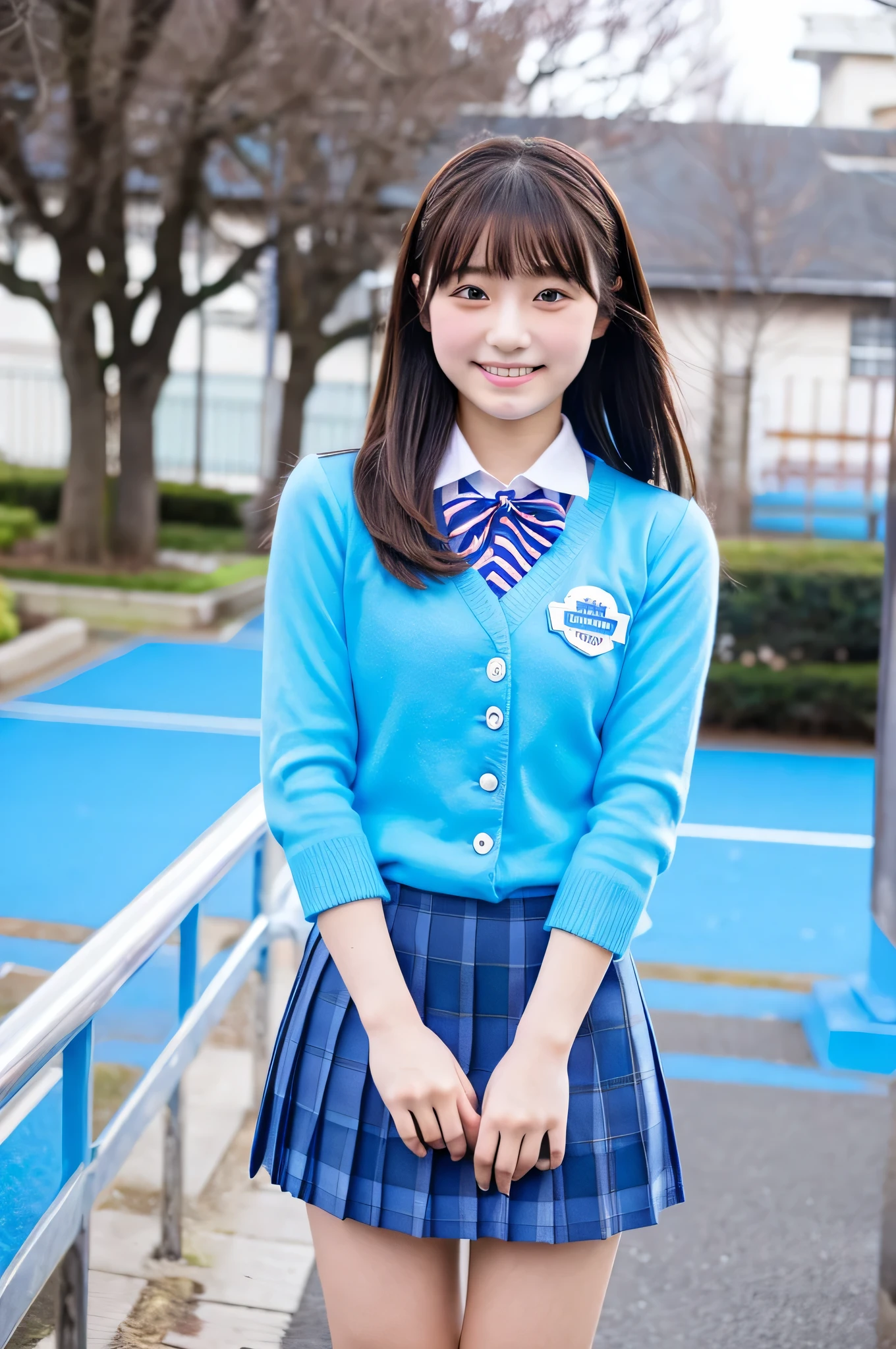 cute japanese girl (18-year-old) Wearing a blue miniskirt high school uniform、holding valentine chocolate in hand。