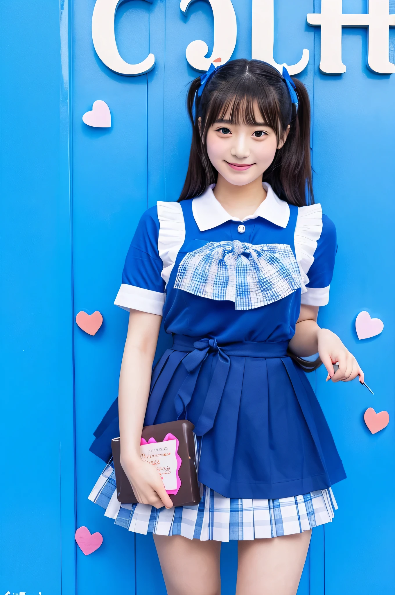 cute japanese girl (18-year-old) Wearing a blue miniskirt high school uniform、holding valentine chocolate in hand。