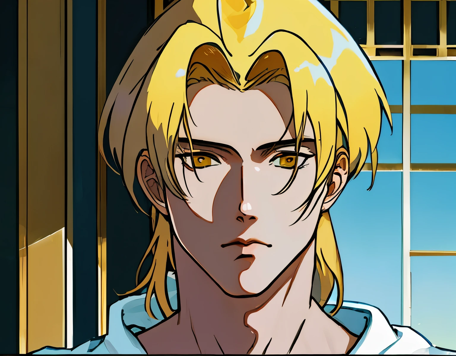Anime, homem, 1st year, cabelo amarelo, cabelo curto, pelo loiro, blond hair, blond, olhos amarelos, golden eyes, olhos penetrantes, feiticeiro Jujutsu, lutador, Zahad