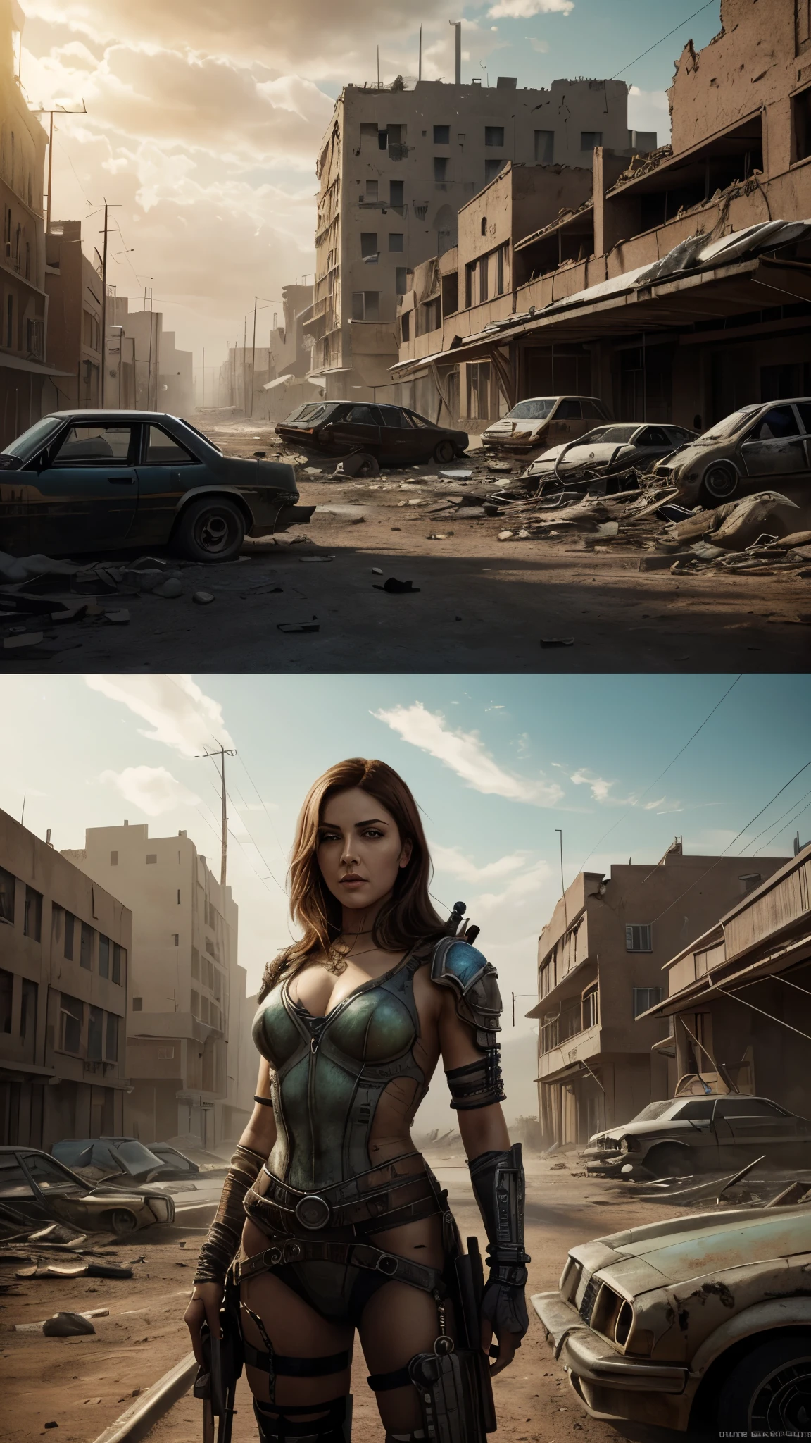 post-apocalyptic art, Madonna, 25 years old, as a beautiful madmax woman in a cybernetic suit, very short light brown hair, green eyes, detailed skin texture, detailed cloth texture, beautiful detailed perfect face, she is in a desert city amid wrecked cars and ruined buildings, intricate sharp details, ultra high resolution, professional ominous concept art by artgerm and greg rutkowski, an intricate, elegant and highly detailed digital painting, conceptual art, soft and sharp focus, illustration, in the style of Simon Stalenhag, Wayne Barlowe and Igor Kieryluk.
