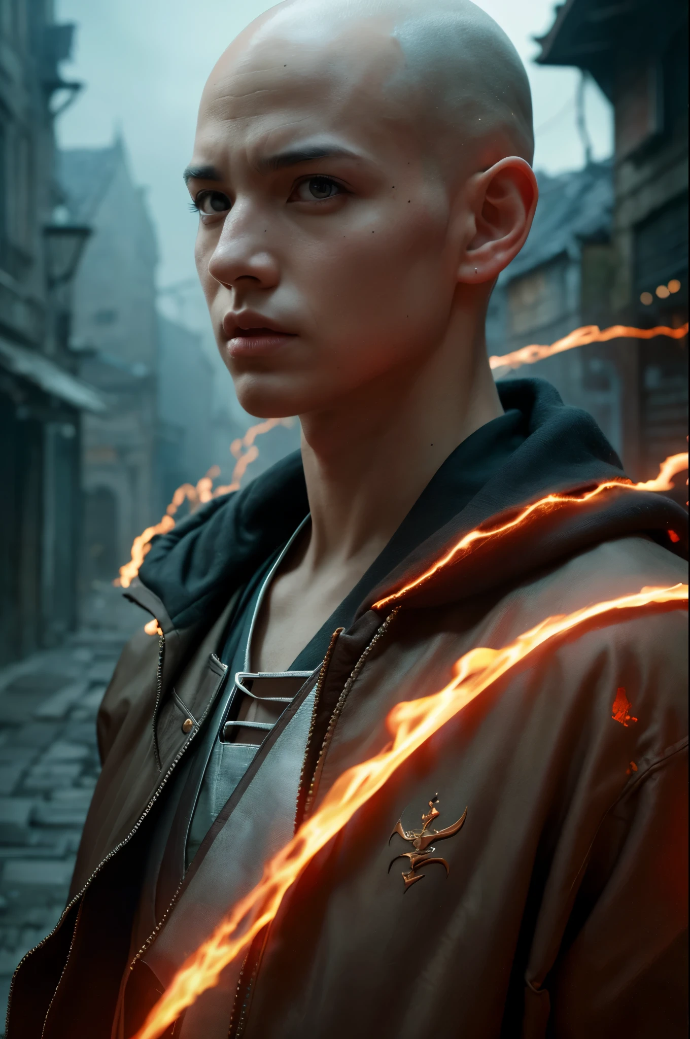 A young bald monk, athletic, European features, in a white fighting gi with platinum trim, energy with a dragon motif swirls around him, he is battling the undead in a village at night. (best quality,4k,8k,highres,masterpiece:1.2),ultra-detailed,(realistic,photorealistic,photo-realistic:1.37),HDR,UHD,studio lighting,ultra-fine painting,sharp focus,physically-based rendering,extreme detail description,professional,vivid colors,bokeh,portraits,landscape,horror,anime,sci-fi,photography,concept artists,dark-toned lighting