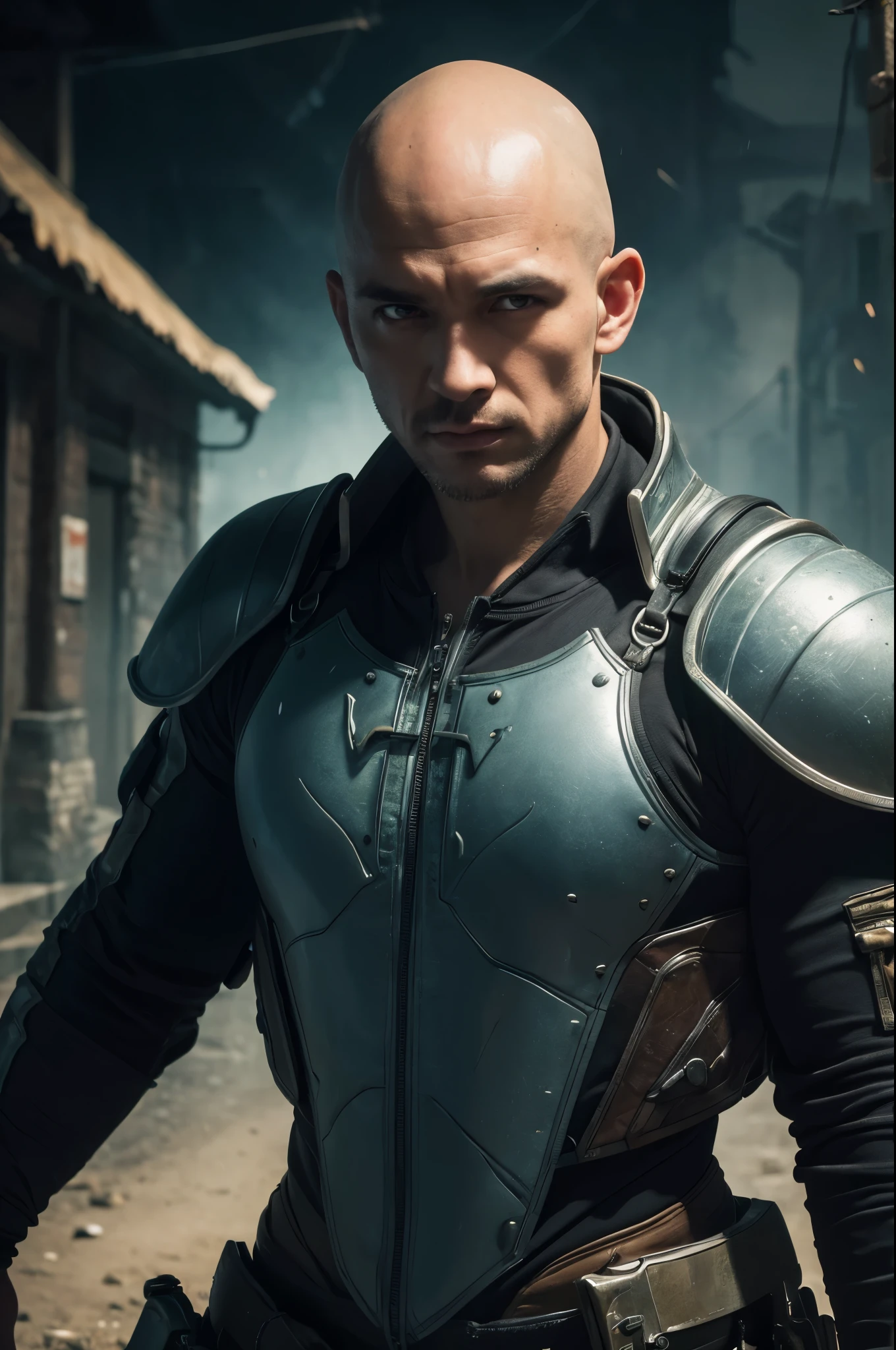 A young bald monk, athletic, European features, in a white fighting gi with platinum trim, energy with a dragon motif swirls around him, he is battling the undead in a village at night. (best quality,4k,8k,highres,masterpiece:1.2),ultra-detailed,(realistic,photorealistic,photo-realistic:1.37),HDR,UHD,studio lighting,ultra-fine painting,sharp focus,physically-based rendering,extreme detail description,professional,vivid colors,bokeh,portraits,landscape,horror,anime,sci-fi,photography,concept artists,dark-toned lighting