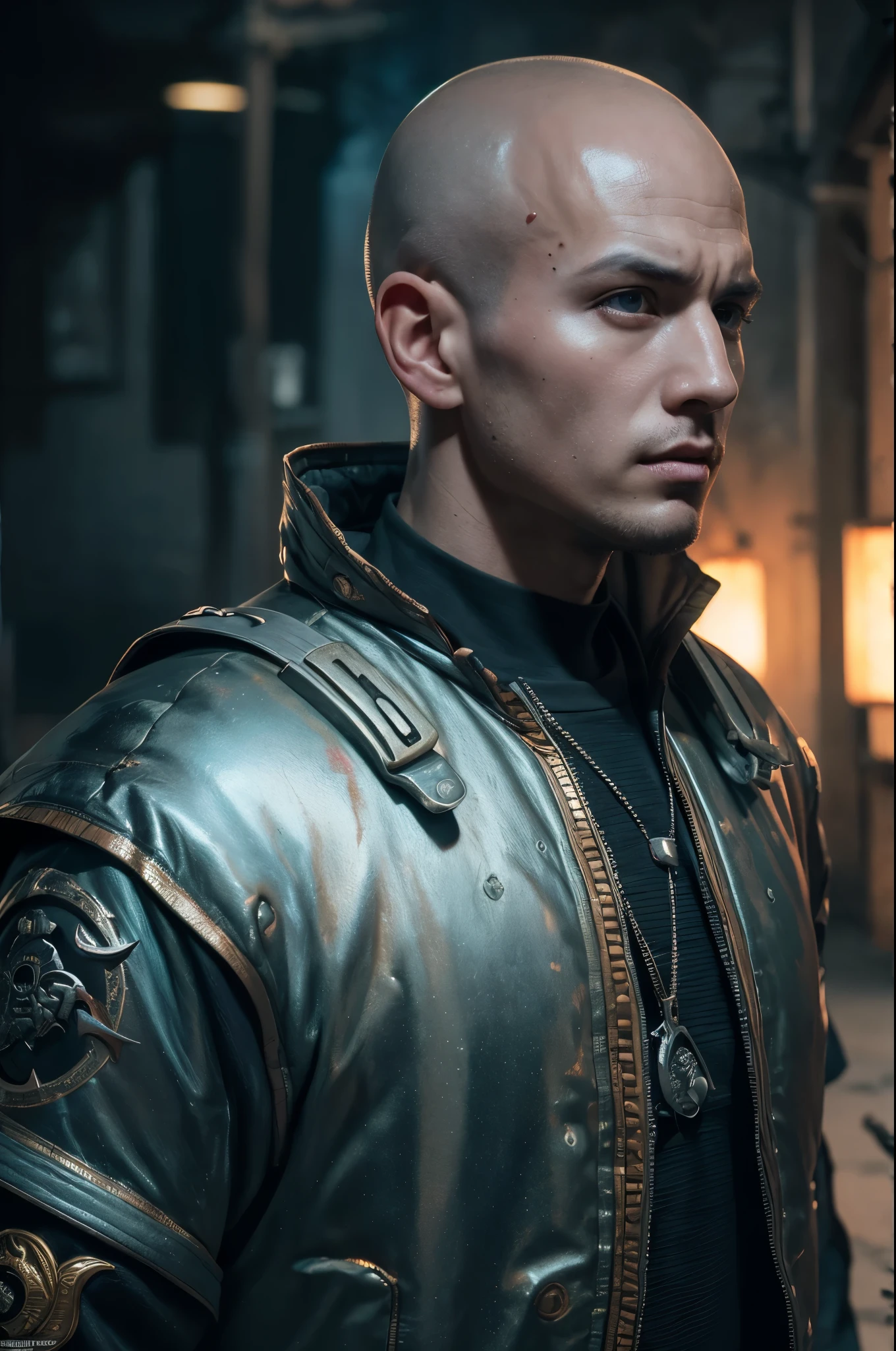 A young bald monk, athletic, European features, in a white fighting gi with platinum trim, energy with a dragon motif swirls around him, he is battling the undead in a village at night. (best quality,4k,8k,highres,masterpiece:1.2),ultra-detailed,(realistic,photorealistic,photo-realistic:1.37),HDR,UHD,studio lighting,ultra-fine painting,sharp focus,physically-based rendering,extreme detail description,professional,vivid colors,bokeh,portraits,landscape,horror,anime,sci-fi,photography,concept artists,dark-toned lighting