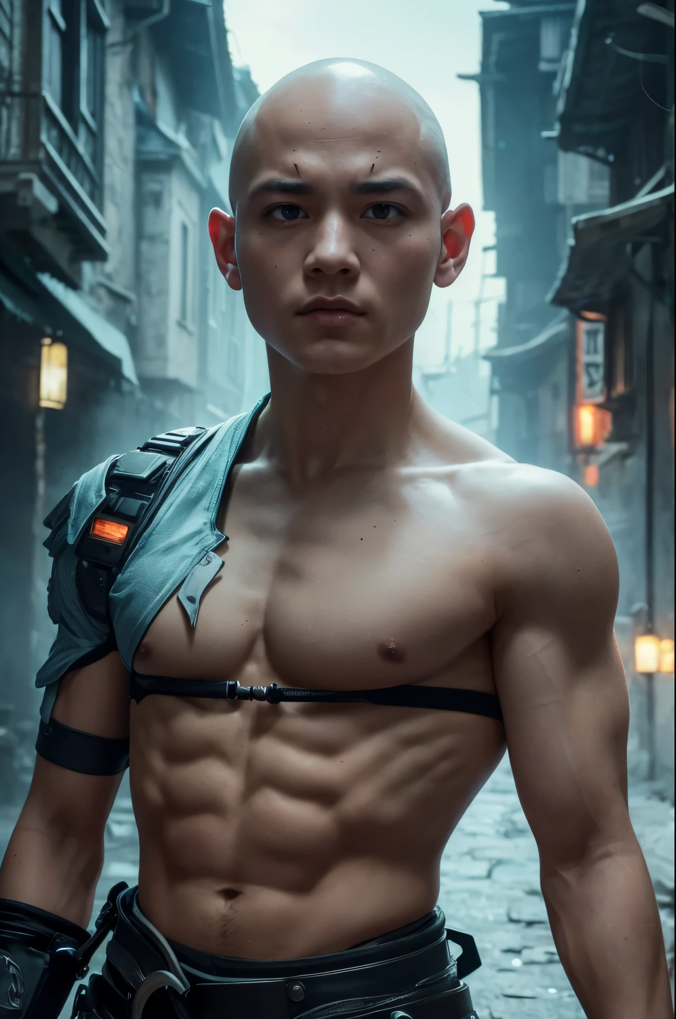 A young bald monk, athletic, European features, in a white fighting gi with platinum trim, energy with a dragon motif swirls around him, he is battling the undead in a village at night. (best quality,4k,8k,highres,masterpiece:1.2),ultra-detailed,(realistic,photorealistic,photo-realistic:1.37),HDR,UHD,studio lighting,ultra-fine painting,sharp focus,physically-based rendering,extreme detail description,professional,vivid colors,bokeh,portraits,landscape,horror,anime,sci-fi,photography,concept artists,dark-toned lighting