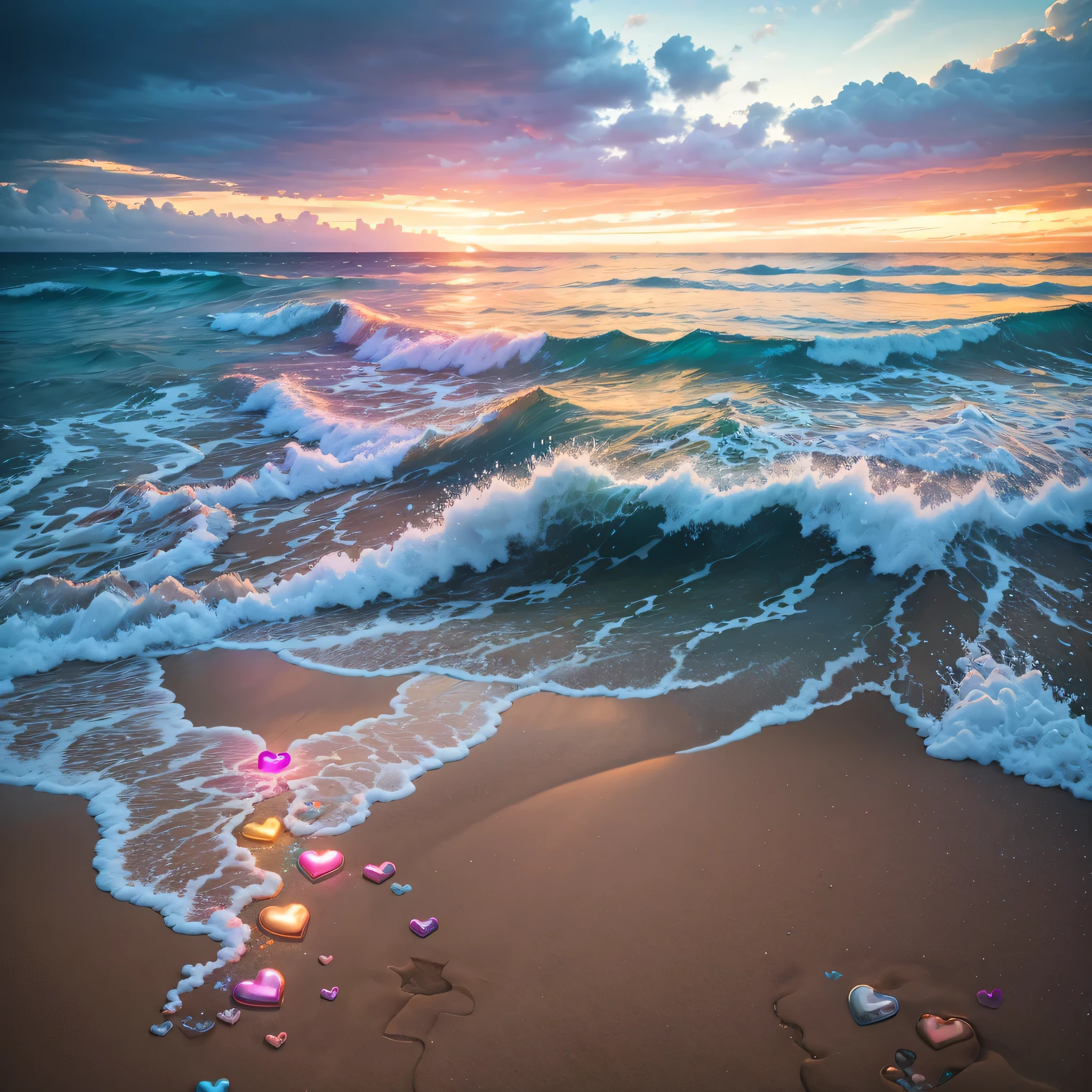 octane render, hdr, (hyperdetailed:1.15), (soft light, sharp:1.2), rainbow hearts on beach, many hearts, ultra detailed, thick waves of hearts, rainbow beach, splashing, mist dripping, sea crying, broken hearts, sadness flowing, tears glowing