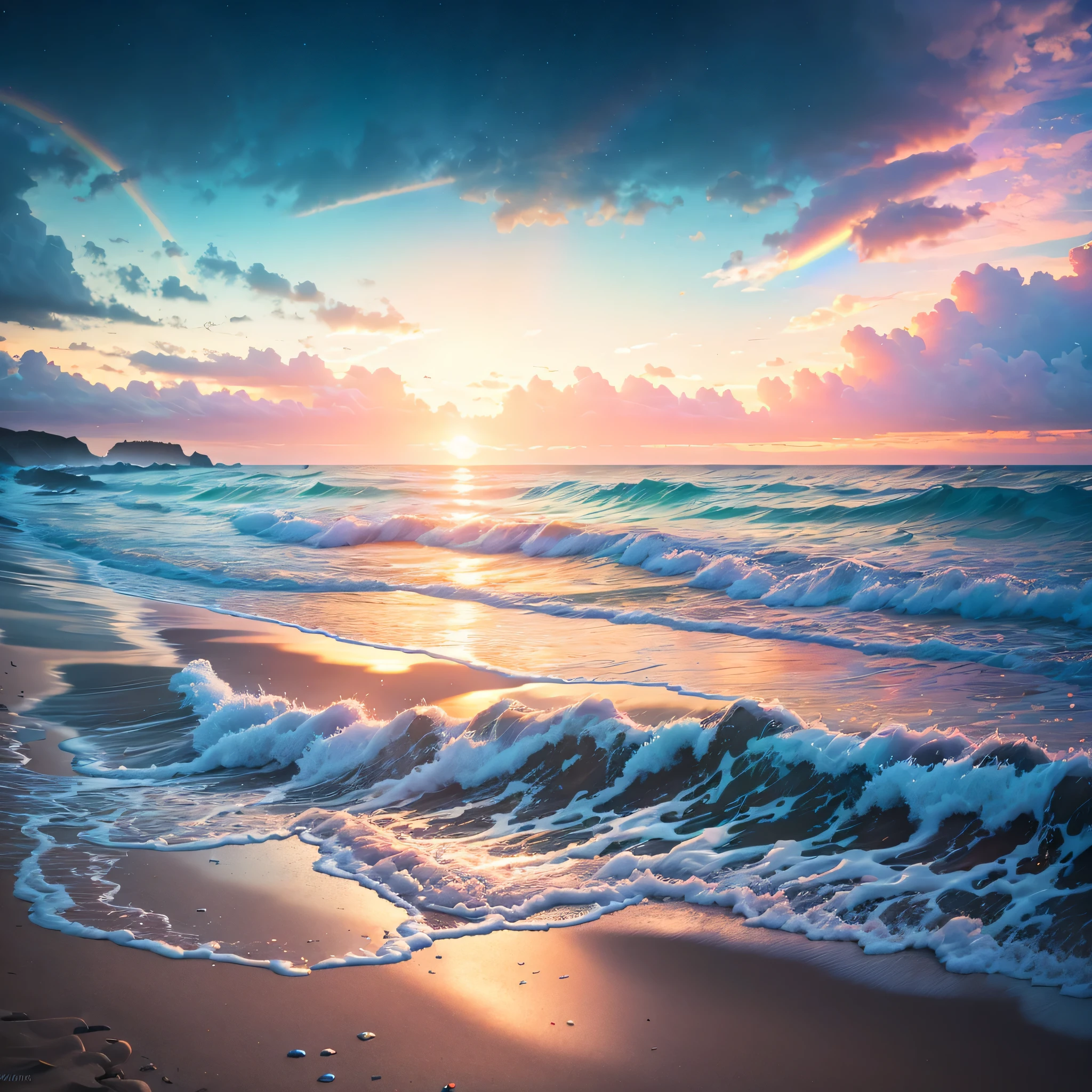 octane render, hdr, (hyperdetailed:1.15), (soft light, sharp:1.2), rainbow hearts on beach, many hearts, ultra detailed, thick waves of hearts, rainbow beach, splashing, mist dripping, sea crying, broken hearts, sadness flowing, tears glowing