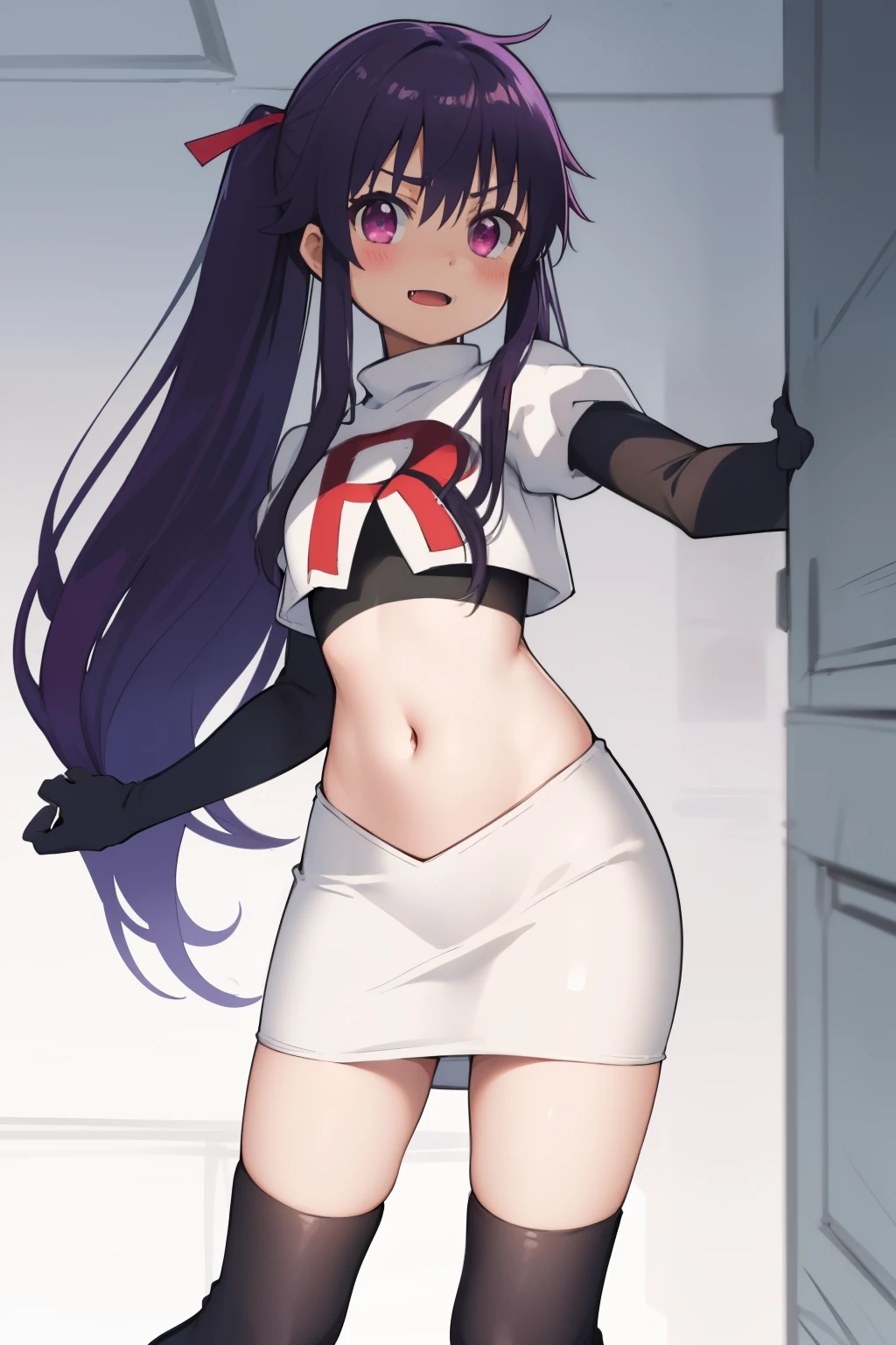 masterpiece, best quality, blush, 1girl, cowboy shot, solo, ebikurumi, long hair, twintails, open mouth, fang, purple eyes, purple hair, hair ribbon, smile, looking at viewer, depth of field, team rocket,team rocket uniform,white skirt,red letter R,crop top,black thigh-highs,black elbow gloves