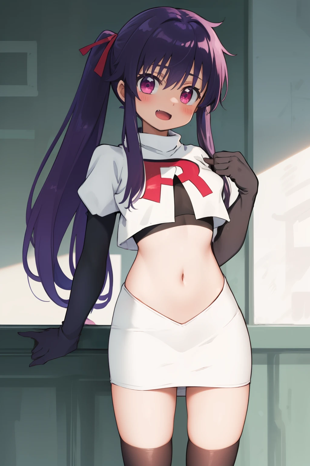 masterpiece, best quality, blush, 1girl, cowboy shot, solo, ebikurumi, long hair, twintails, open mouth, fang, purple eyes, purple hair, hair ribbon, smile, looking at viewer, depth of field, team rocket,team rocket uniform,white skirt,red letter R,crop top,black thigh-highs,black elbow gloves