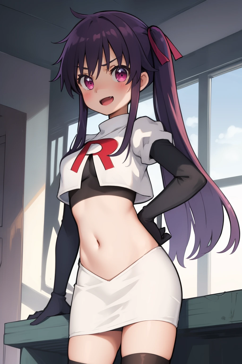 masterpiece, best quality, blush, 1girl, cowboy shot, solo, ebikurumi, long hair, twintails, open mouth, fang, purple eyes, purple hair, hair ribbon, smile, looking at viewer, depth of field, team rocket,team rocket uniform,white skirt,red letter R,crop top,black thigh-highs,black elbow gloves