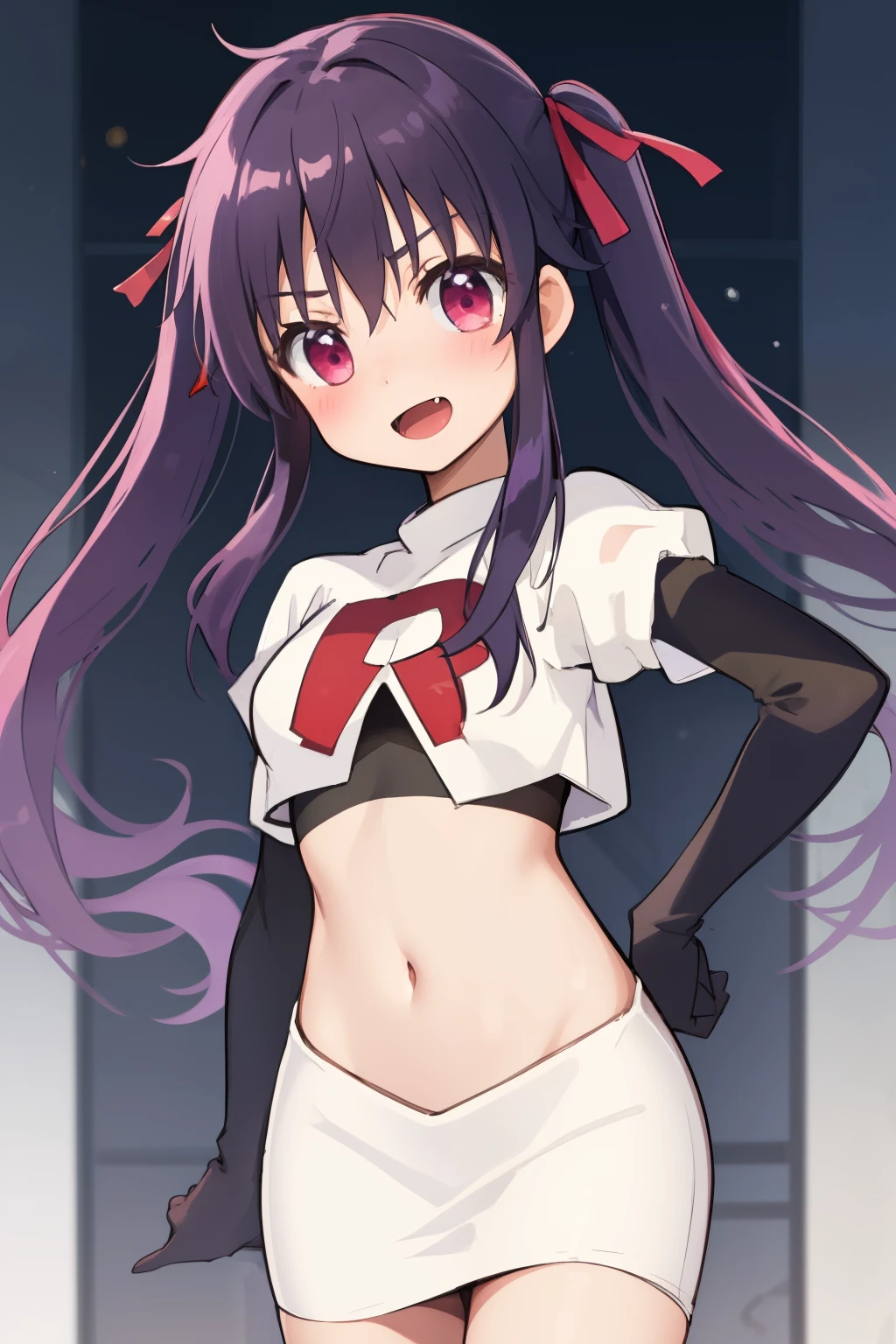 masterpiece, best quality, blush, 1girl, cowboy shot, solo, ebikurumi, long hair, twintails, open mouth, fang, purple eyes, purple hair, hair ribbon, smile, looking at viewer, depth of field, team rocket,team rocket uniform,white skirt,red letter R,crop top,black thigh-highs,black elbow gloves