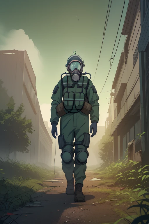 (Ultra detailed), (masterpiece), (best quality), (very detailed CG unit 8k wallpaper), a man in hazmat gas mask suit exploring abandoned city, following the road, polluted, abandoned, (green sky), neglected, dawn, concept art, (small growths of tiny shiny fungi, roots, spores, polluted air), (greenish sky), dark, post-apocalypse, cinematic, highly detailed, stylized wallpaper