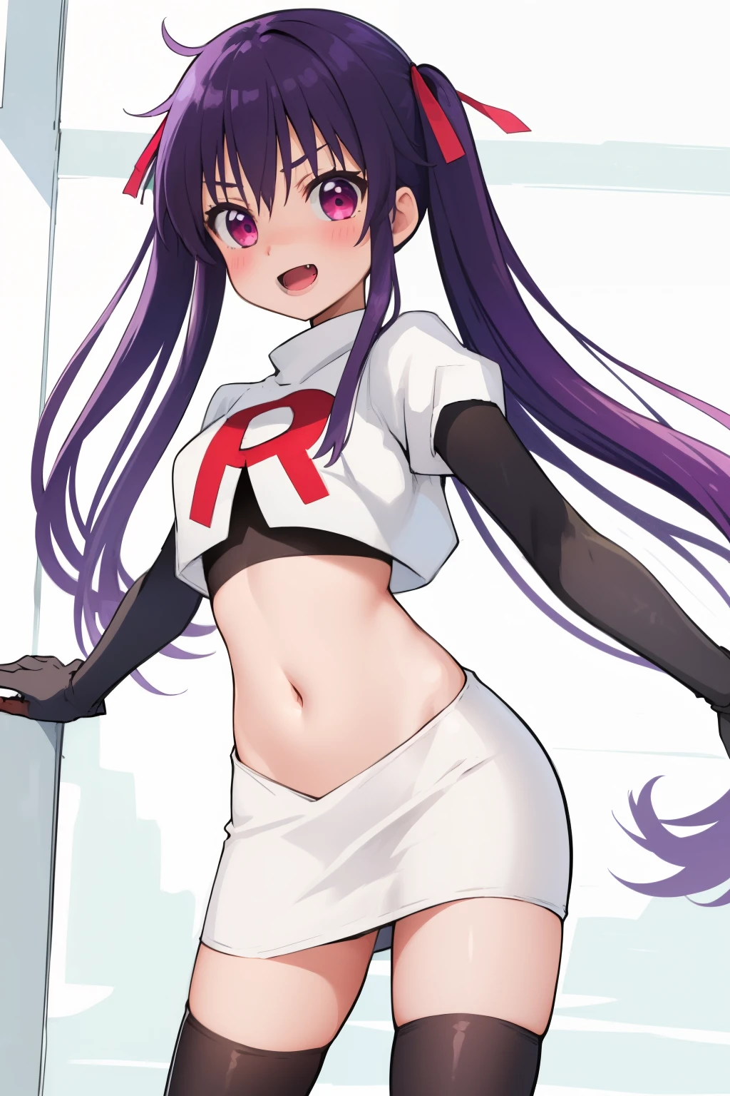 masterpiece, best quality, blush, 1girl, cowboy shot, solo, ebikurumi, long hair, twintails, open mouth, fang, purple eyes, purple hair, hair ribbon, smile, looking at viewer, depth of field, team rocket,team rocket uniform,white skirt,red letter R,crop top,black thigh-highs,black elbow gloves