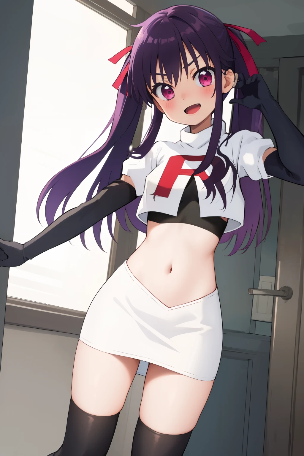 masterpiece, best quality, blush, 1girl, cowboy shot, solo, ebikurumi, long hair, twintails, open mouth, fang, purple eyes, purple hair, hair ribbon, smile, looking at viewer, depth of field, team rocket,team rocket uniform,white skirt,red letter R,crop top,black thigh-highs,black elbow gloves