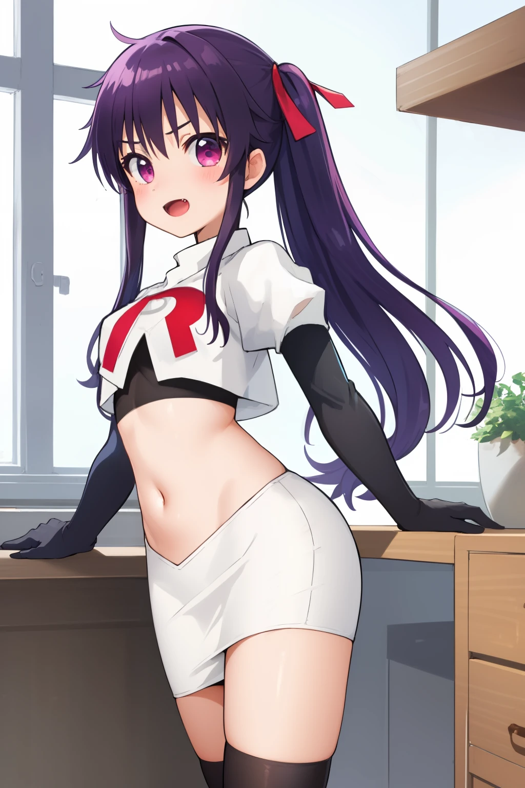 masterpiece, best quality, blush, 1girl, cowboy shot, solo, ebikurumi, long hair, twintails, open mouth, fang, purple eyes, purple hair, hair ribbon, smile, looking at viewer, depth of field, team rocket,team rocket uniform,white skirt,red letter R,crop top,black thigh-highs,black elbow gloves