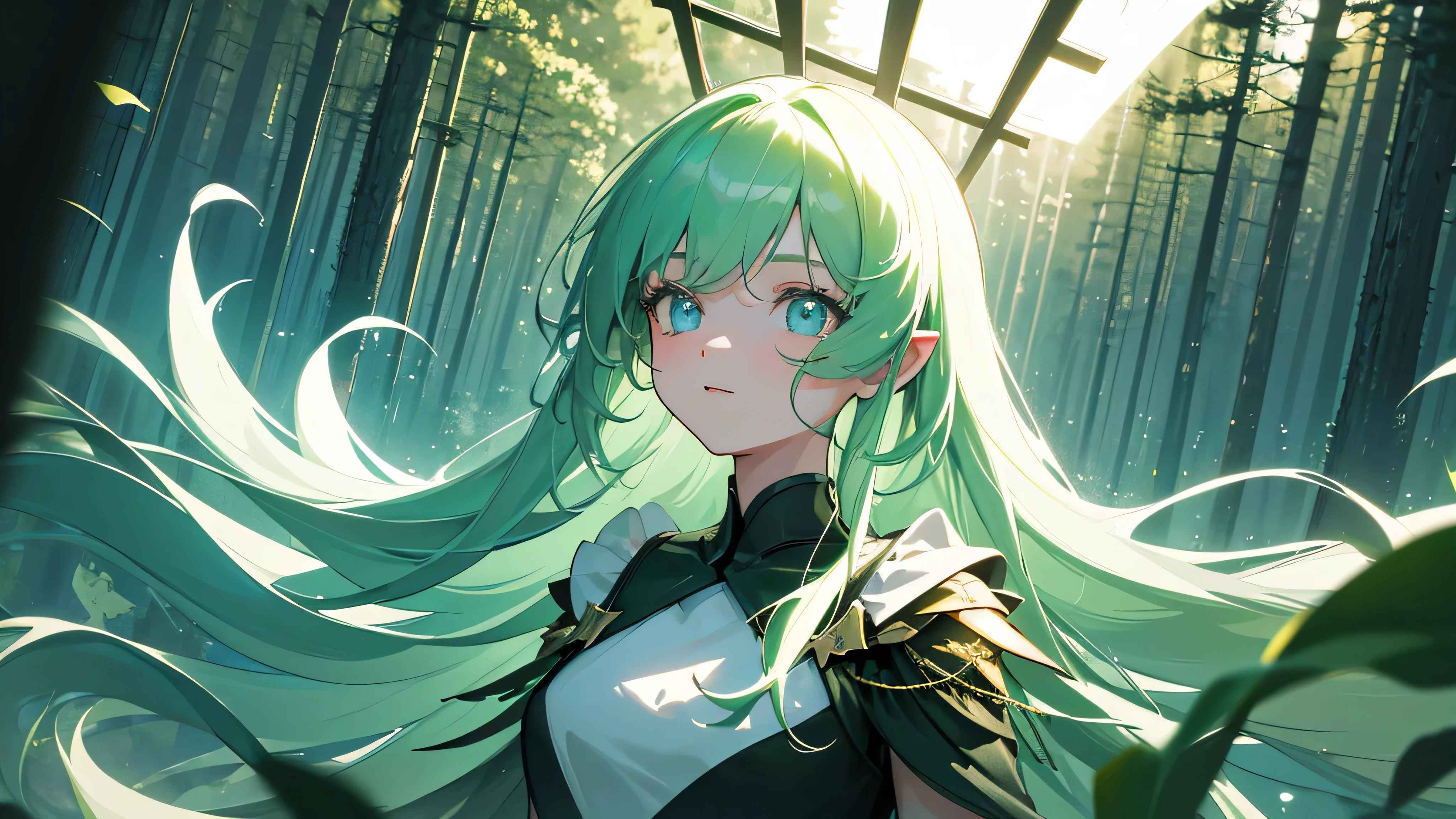 masterpiece, best quality, movie still, 1girl, floating in the sky, forest girl, forest, (close-up:1.1), bright, happy, fun, soft lighting, (Bauhaus, shapes, lines, abstract:1.1)