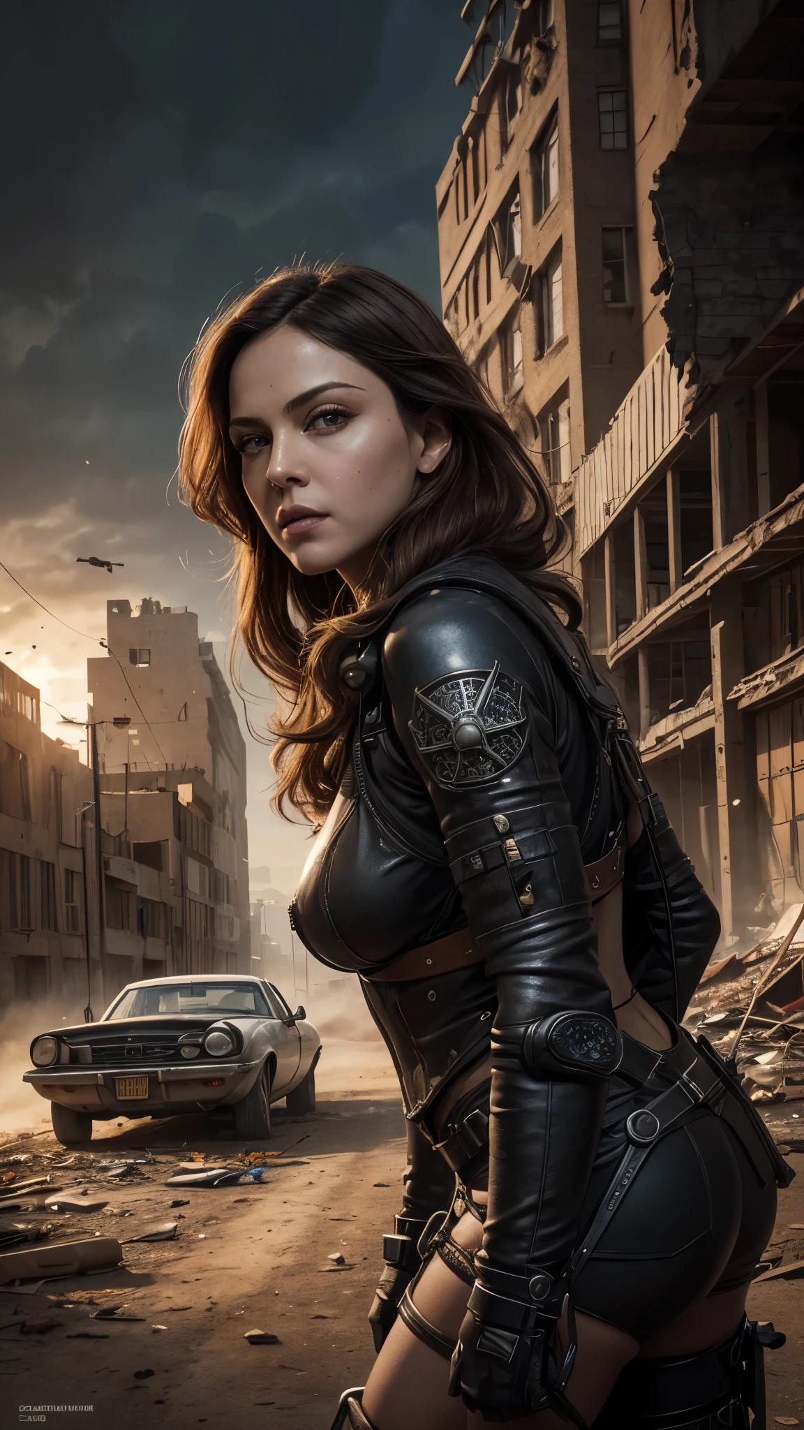 post-apocalyptic art, Madonna, 25 years old, as a beautiful madmax woman in a cybernetic suit, very short light brown hair, green eyes, detailed skin texture, detailed cloth texture, beautiful detailed perfect face, she is in a desert city amid wrecked cars and ruined buildings, intricate sharp details, ultra high resolution, professional ominous concept art by artgerm and greg rutkowski, an intricate, elegant and highly detailed digital painting, conceptual art, soft and sharp focus, illustration, in the style of Simon Stalenhag, Wayne Barlowe and Igor Kieryluk.