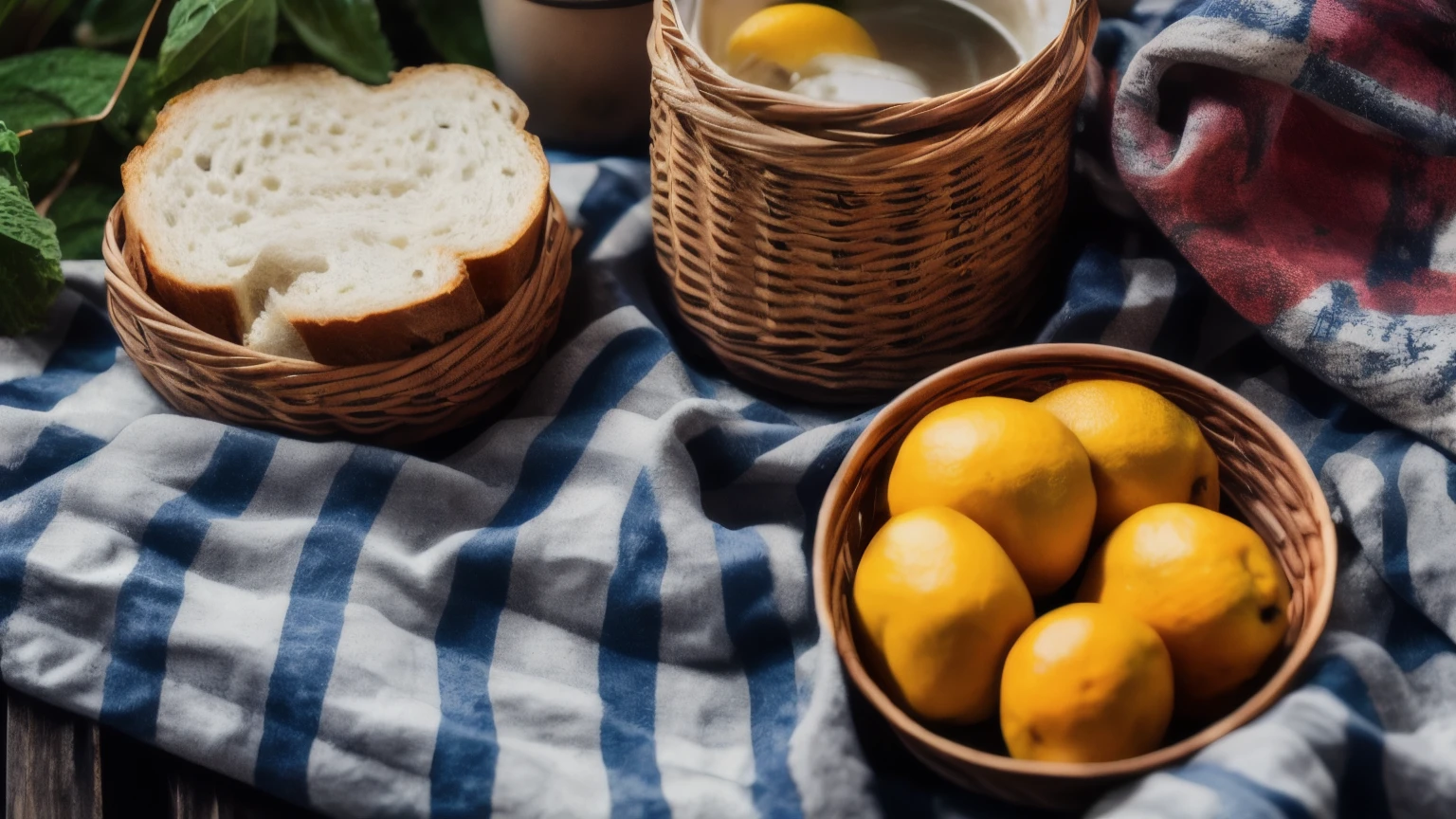 hyper ultra realistic photographs full body of A wicker basket overflowing with picnic goodies, including a checkered blanket, sandwiches, and a pitcher of lemonade adorned with sprigs of mint. The background is a picturesque park, with a clear blue sky and a gentle breeze rustling the leaves. ratio 16:9, 4k, 8k resolution, High quality photo, high detailed, imagesharp focus, Cinematic lighting,hyperdetailed & Unreal engine, detail, realism, photography,cinematography, camera NIKON, lens NIKKOR flagship, masterpiece. hyper-maximalism, ultradetailed photorealistic, light skin imperfections, final render, vray, photo, fashion