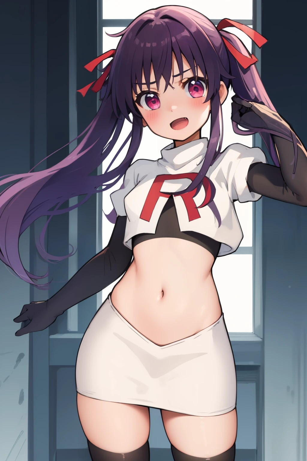 masterpiece, best quality, blush, 1girl, cowboy shot, solo, ebikurumi, long hair, twintails, open mouth, fang, purple eyes, purple hair, hair ribbon, smile, looking at viewer, depth of field, team rocket,team rocket uniform,white skirt,red letter R,crop top,black thigh-highs,black elbow gloves