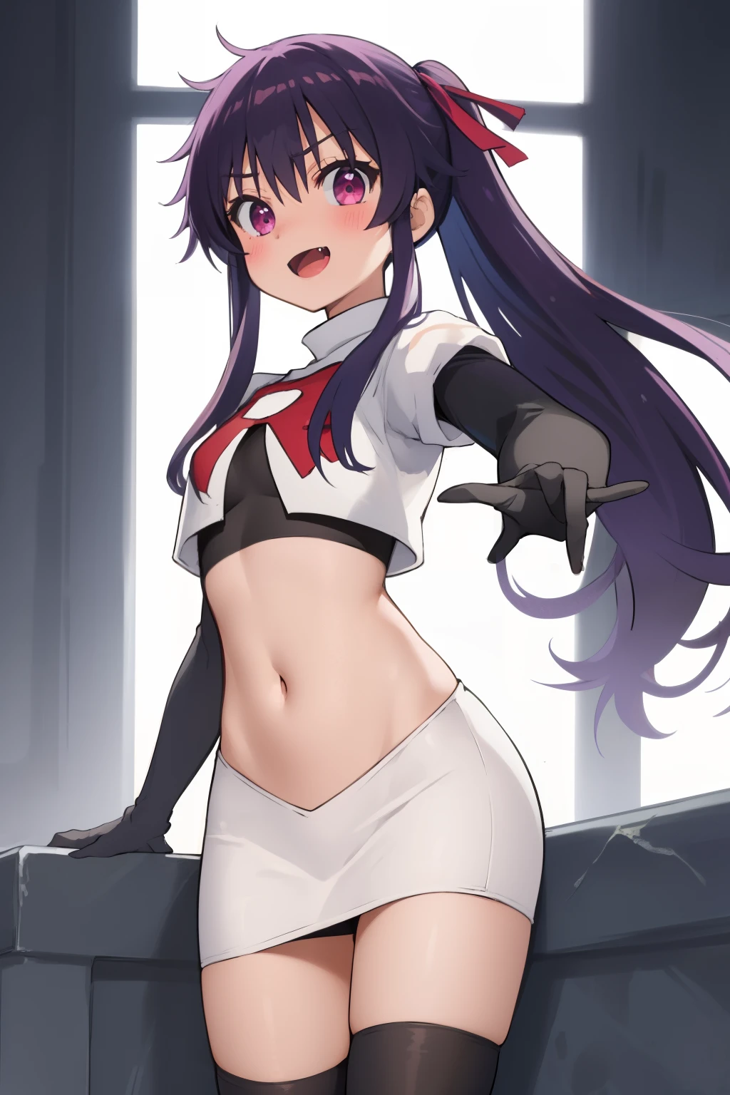 masterpiece, best quality, blush, 1girl, cowboy shot, solo, ebikurumi, long hair, twintails, open mouth, fang, purple eyes, purple hair, hair ribbon, smile, looking at viewer, depth of field, team rocket,team rocket uniform,white skirt,red letter R,crop top,black thigh-highs,black elbow gloves