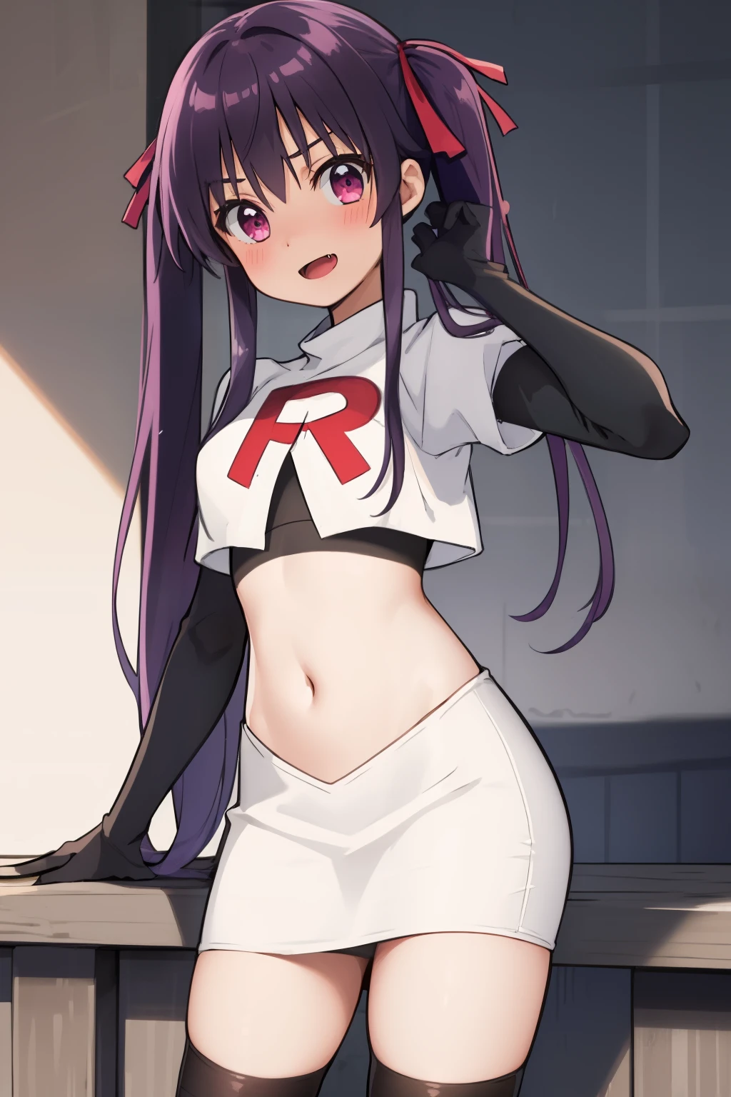 masterpiece, best quality, blush, 1girl, cowboy shot, solo, ebikurumi, long hair, twintails, open mouth, fang, purple eyes, purple hair, hair ribbon, smile, looking at viewer, depth of field, team rocket,team rocket uniform,white skirt,red letter R,crop top,black thigh-highs,black elbow gloves