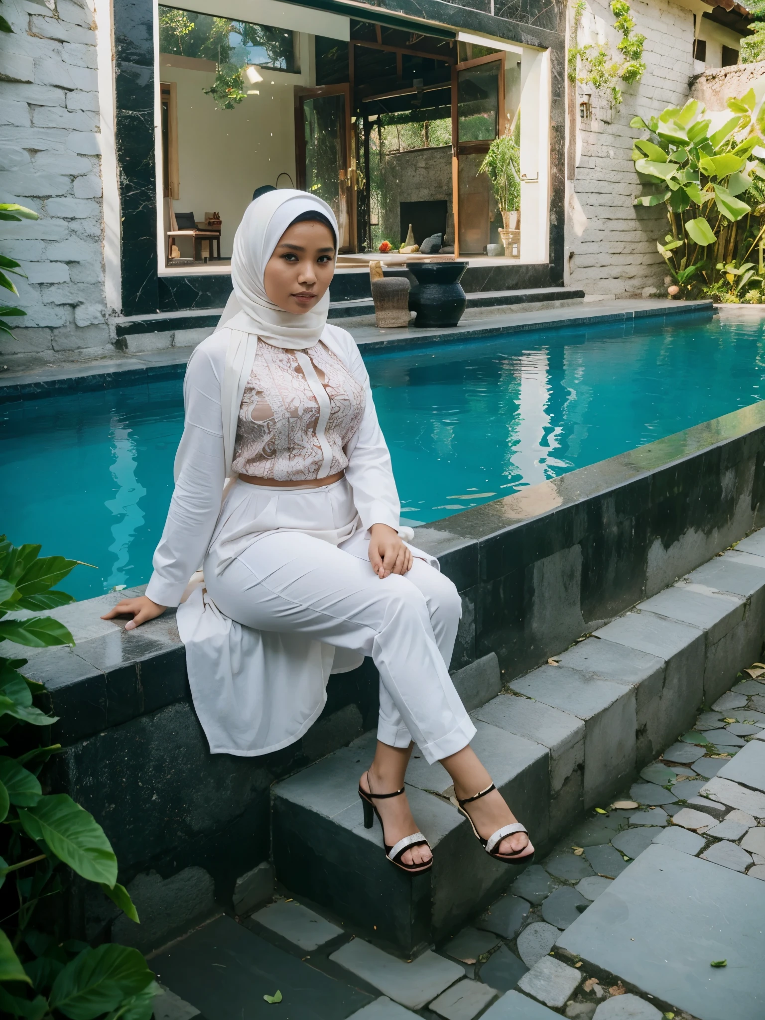 Indonesia woman. Plump ,Hijab. Villa
