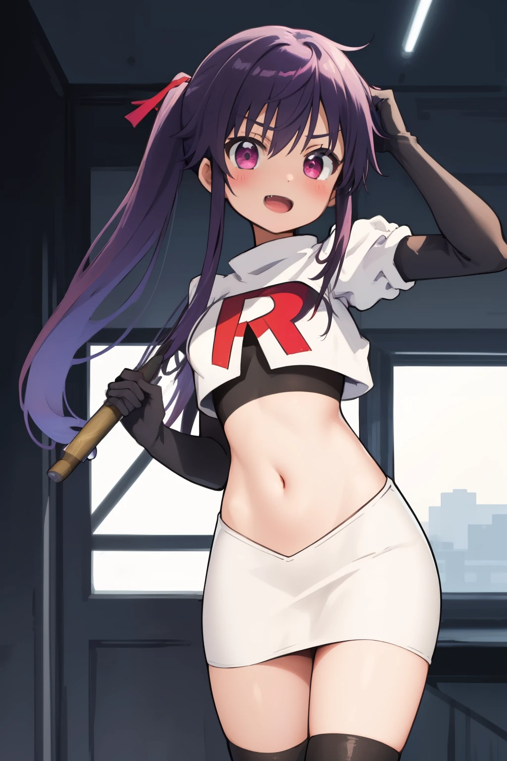 masterpiece, best quality, blush, 1girl, cowboy shot, solo, ebikurumi, long hair, twintails, open mouth, fang, purple eyes, purple hair, hair ribbon, smile, looking at viewer, depth of field, team rocket,team rocket uniform,white skirt,red letter R,crop top,black thigh-highs,black elbow gloves