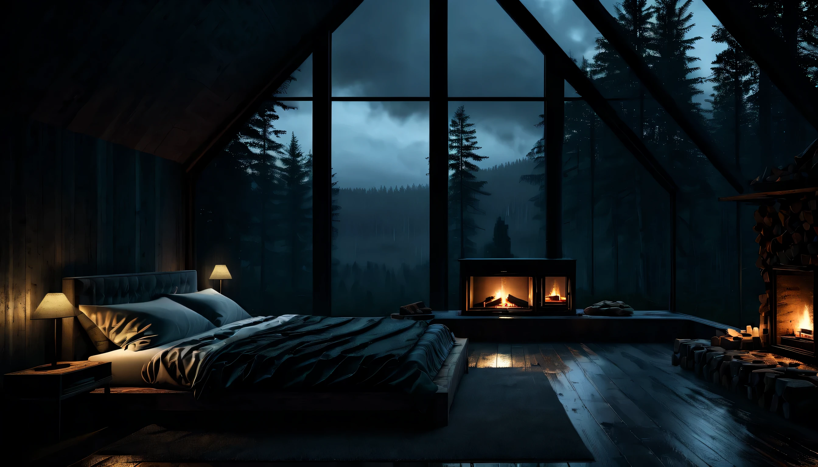peaceful sleep
dimly lit bedroom with fireplace and wood-burning bed, large window overlooking the forest at night, beautiful and cinematic lighting, comfortable place, cryengine render 8k, cabin in the forest, minimalist pyramid room shape, pyramid glass, very dark forest background , lots of window columns, dark, pillows and blankets, large windows, minimalist windows, lots of boxes, minimalist windows facing the forest, calm night. the picture is original, rainy night. original rendering, stunning, rainy night, gloomy, dark gloomy cinematic lighting, atmosphere, landscape, vast forest, moody, dramatic lighting. cinematic, cinematic, atmospheric shots, gloomy weather. hyperrealistic, atmospheric rendering, rainy night, huge gloomy forest, cinematic,
rainy nature
Dark bedroom with dimly lit mattress, table and bookshelves, wooden glass, pyramid shape, gable roof, wooden glass, firewood, spacious minimalist room, lots of accessories in the room, facing the forest at night, dark forest, large windows minimalist, pyramid window, cool and rainy night, dark room, dark forest, night, 8k rendering cryenngine, dark forest background, moody, atmospheric rendering, gloomy weather, rainy night, gloomy forest, cinematic, cozy spot, heavy rainy night, cozy atmosphere, rain outside, large windows facing the forest, moody cinematic atmosphere, cozy atmosphere, comfortable living room, rainy night atmosphere, comfortable rain, gloomy lighting, gloomy cinematic lighting, comfortable and peaceful atmosphere, with fireplace warm room, dark interior, surreal cinematic scenes, and surreal machines