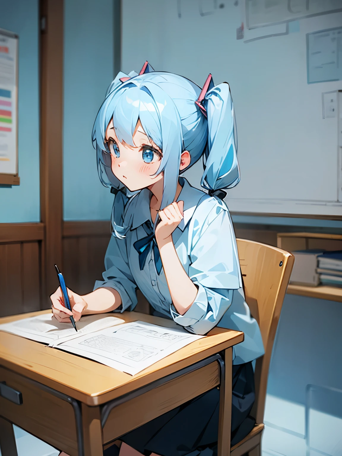 girl studying school paper pencil textbook twintails light blue hair cute