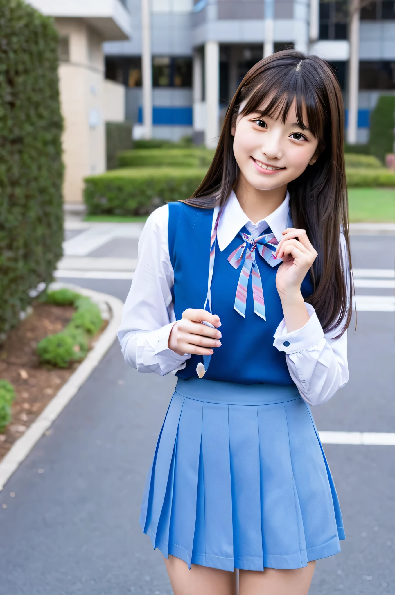 cute japanese girl (18-year-old) Wearing high school uniform and blue miniskirt and holding Valentine chocolates。