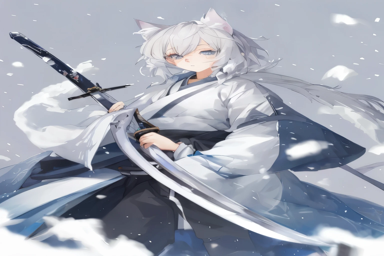 snowの中で剣を持っている人の接写, gray hair deity, He has a sword of swords, gray hair, gray hairの, , perfect gray hair girl, anime style 4k, terrible anime 8k, female anime character, 4k manga wallpaper, gray hair, anime art wallpaper 8k, anime character、Cat ear、snow
