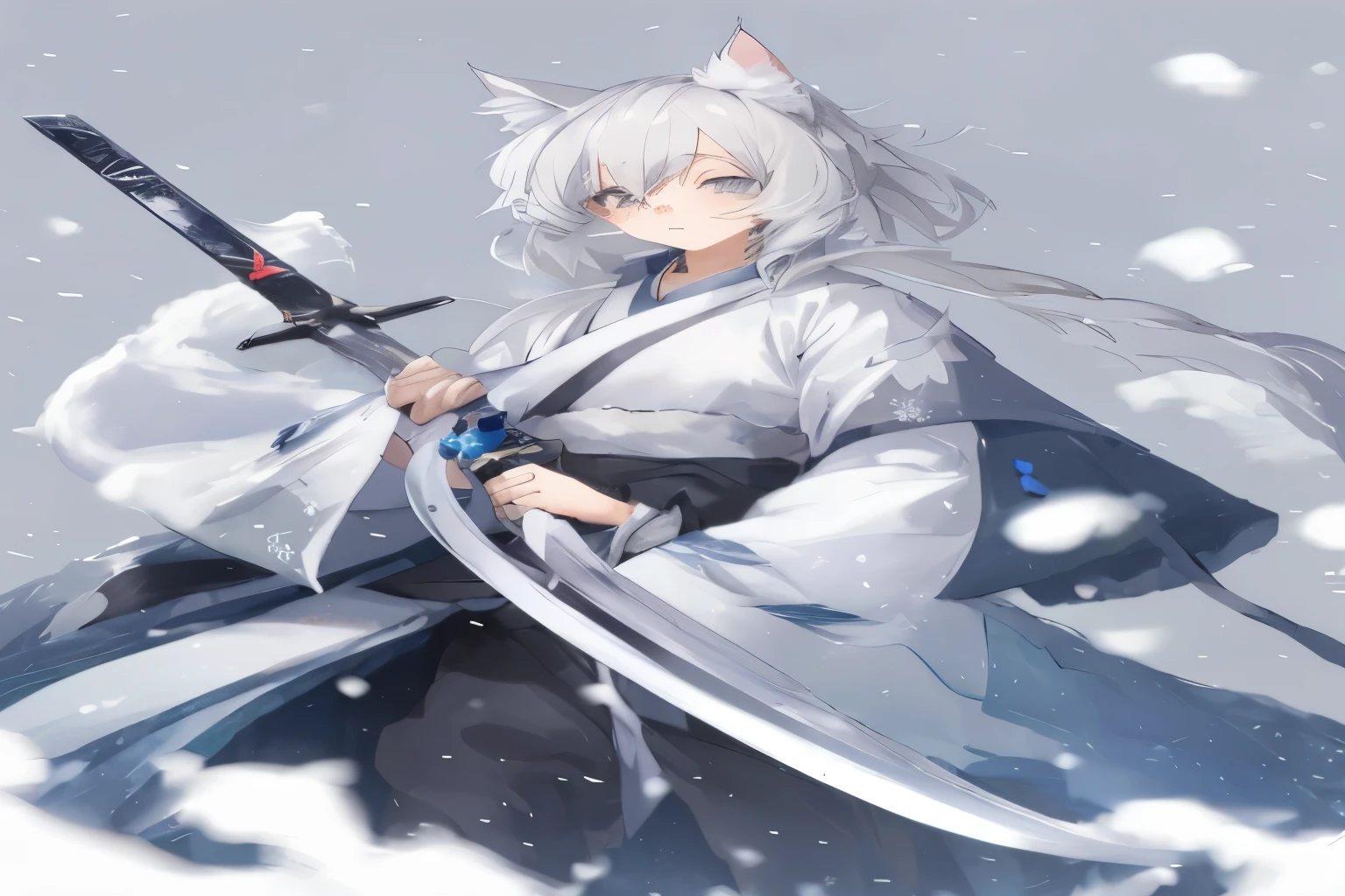 snowの中で剣を持っている人の接写, gray hair deity, He has a sword of swords, gray hair, gray hairの, , perfect gray hair girl, anime style 4k, terrible anime 8k, female anime character, 4k manga wallpaper, gray hair, anime art wallpaper 8k, anime character、Cat ear、snow