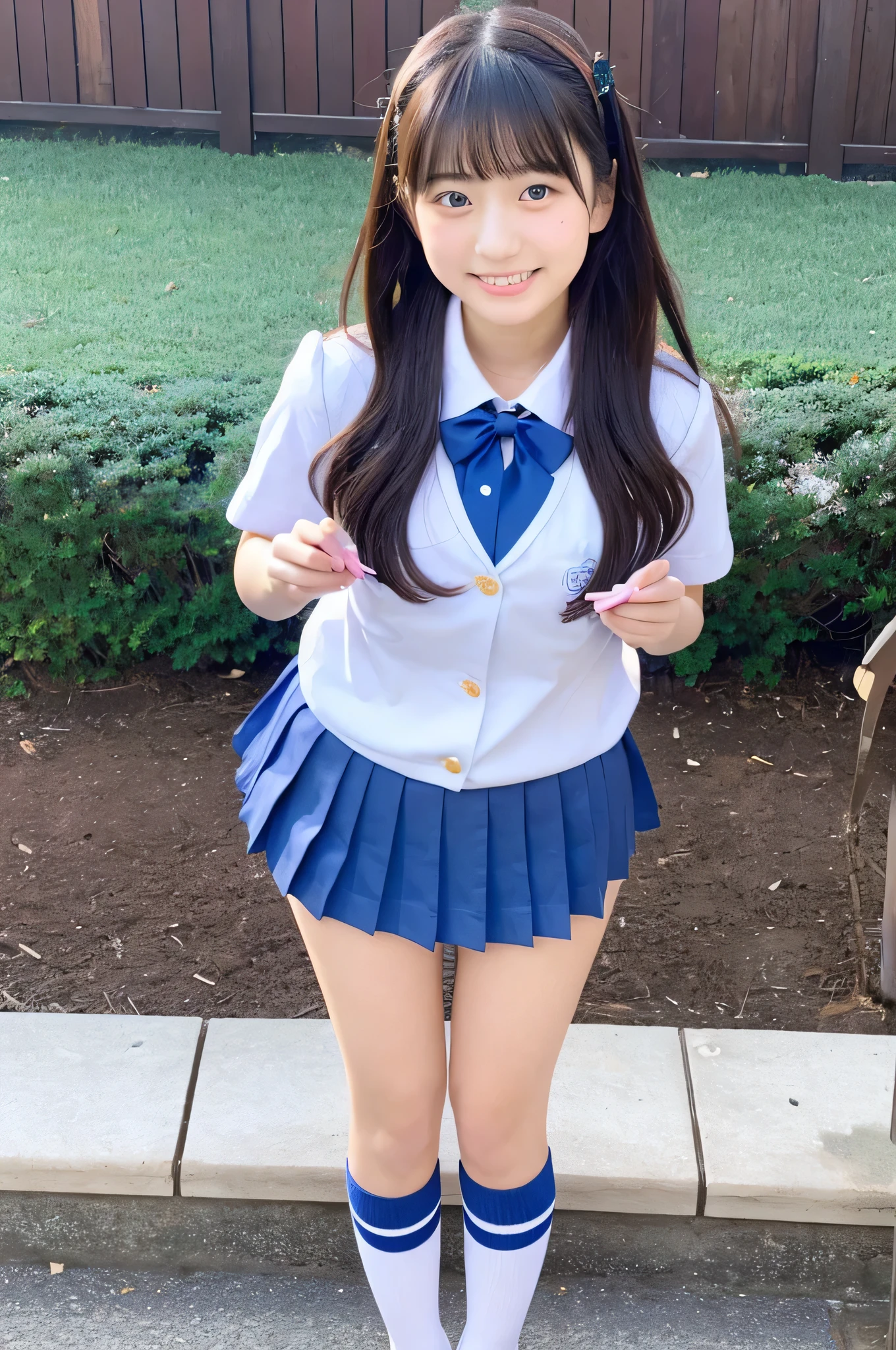 cute japanese girl (18-year-old) Wearing high school uniform and blue miniskirt and holding Valentine chocolates。