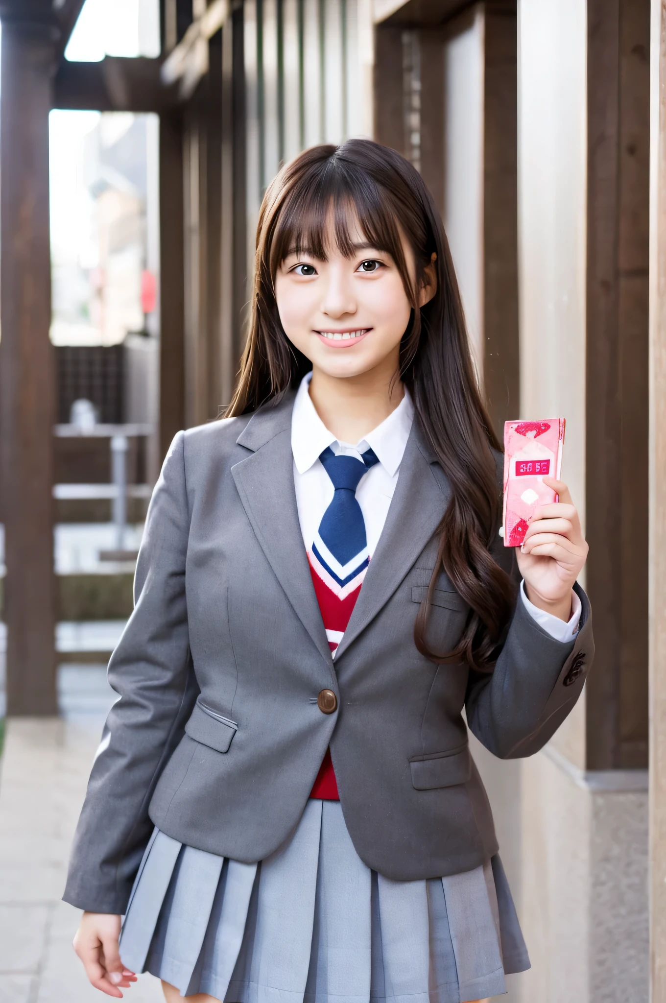 cute japanese girl (18-year-old) Wearing high school uniform and gray miniskirt and holding Valentine chocolates。