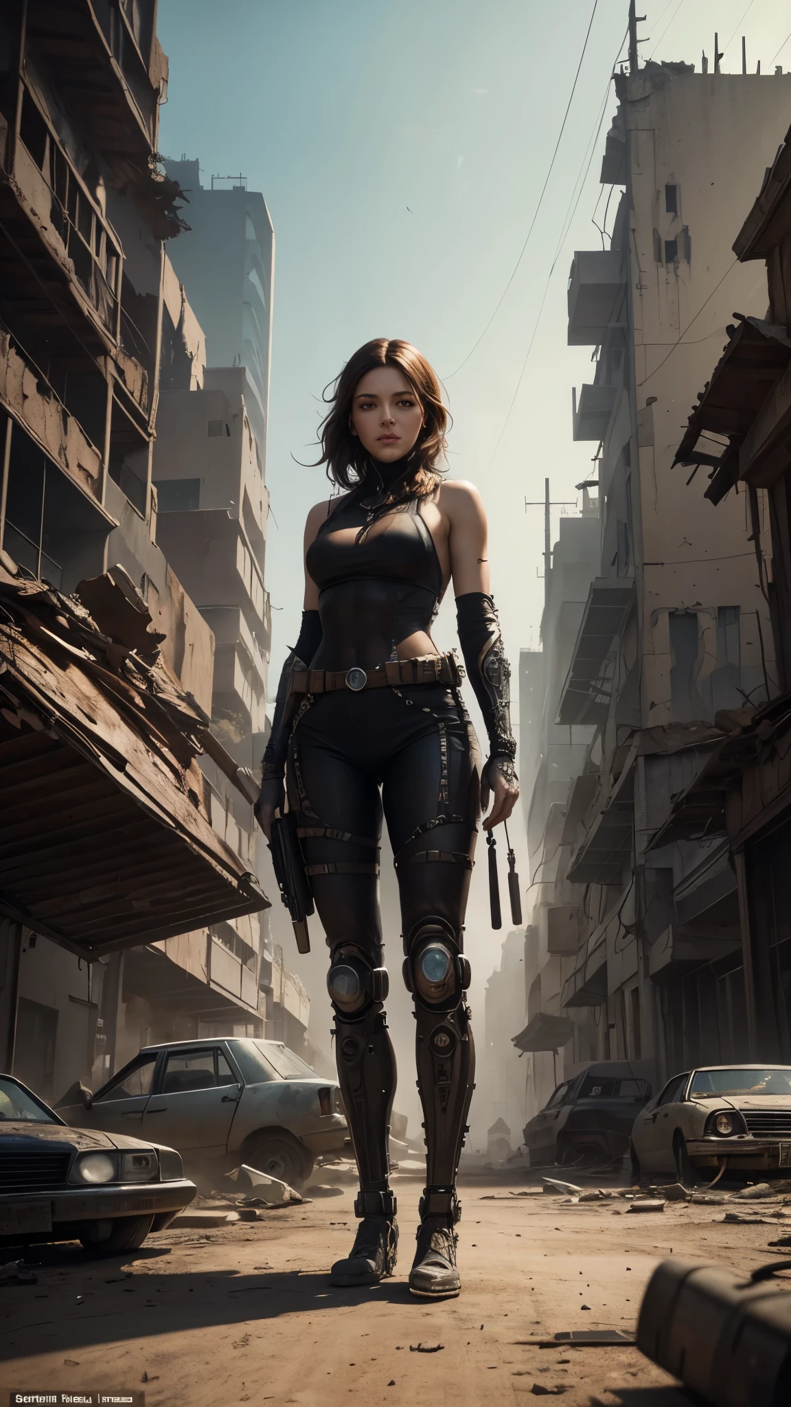 post-apocalyptic art, Madonna, 25 years old, as a beautiful madmax woman in a cybernetic suit, very short light brown hair, green eyes, detailed skin texture, detailed cloth texture, beautiful detailed perfect face, she is in a desert city amid wrecked cars and ruined buildings, intricate sharp details, ultra high resolution, professional ominous concept art by artgerm and greg rutkowski, an intricate, elegant and highly detailed digital painting, conceptual art, soft and sharp focus, illustration, in the style of Simon Stalenhag, Wayne Barlowe and Igor Kieryluk. 