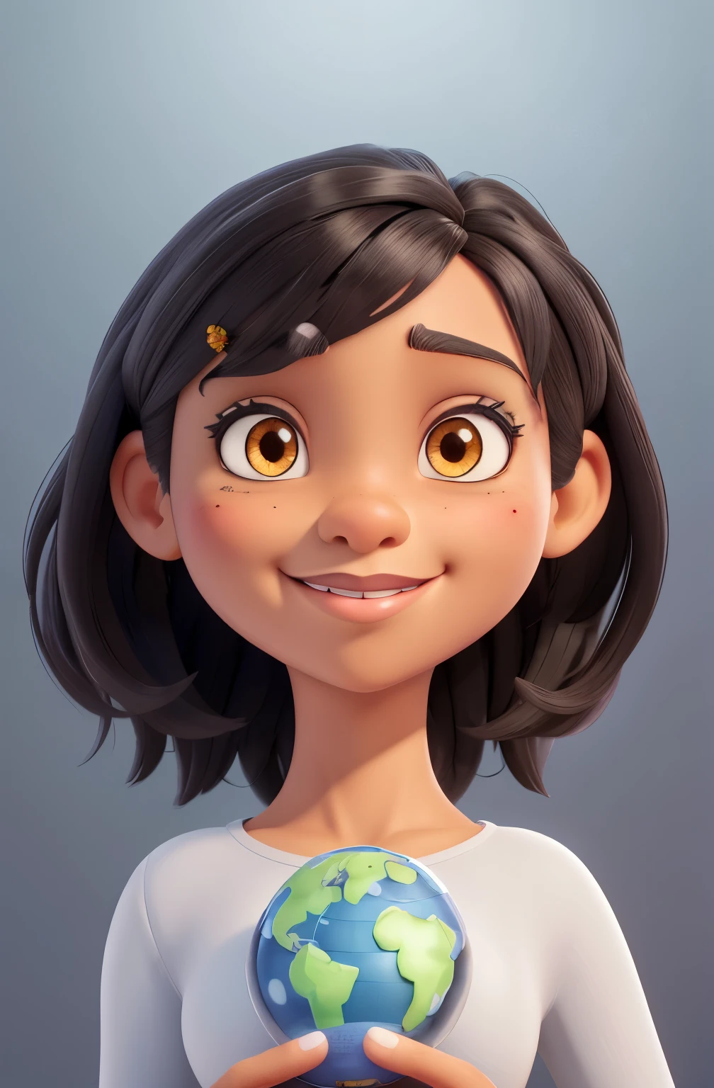 a girl (black skin), beautiful detailed brown eyes, beautiful detailed lips, medium straight hair, smiling, holding a Geography globe, illustration, best quality, highres, ultra-detailed, realistic, vivid colors, studio lighting